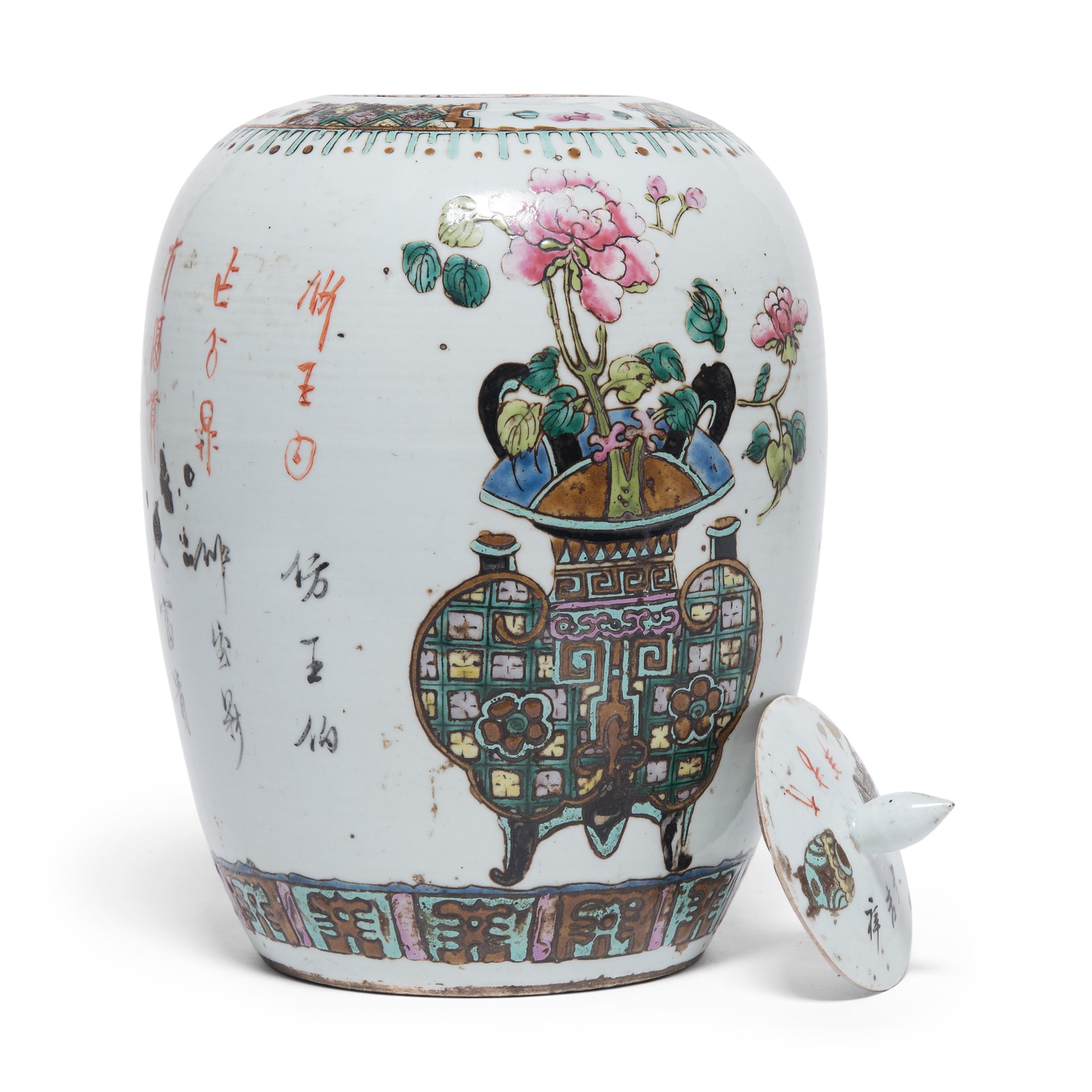 Chinese Famille Rose Ginger Jar with Ancient Censers, c. 1900 In Good Condition For Sale In Chicago, IL