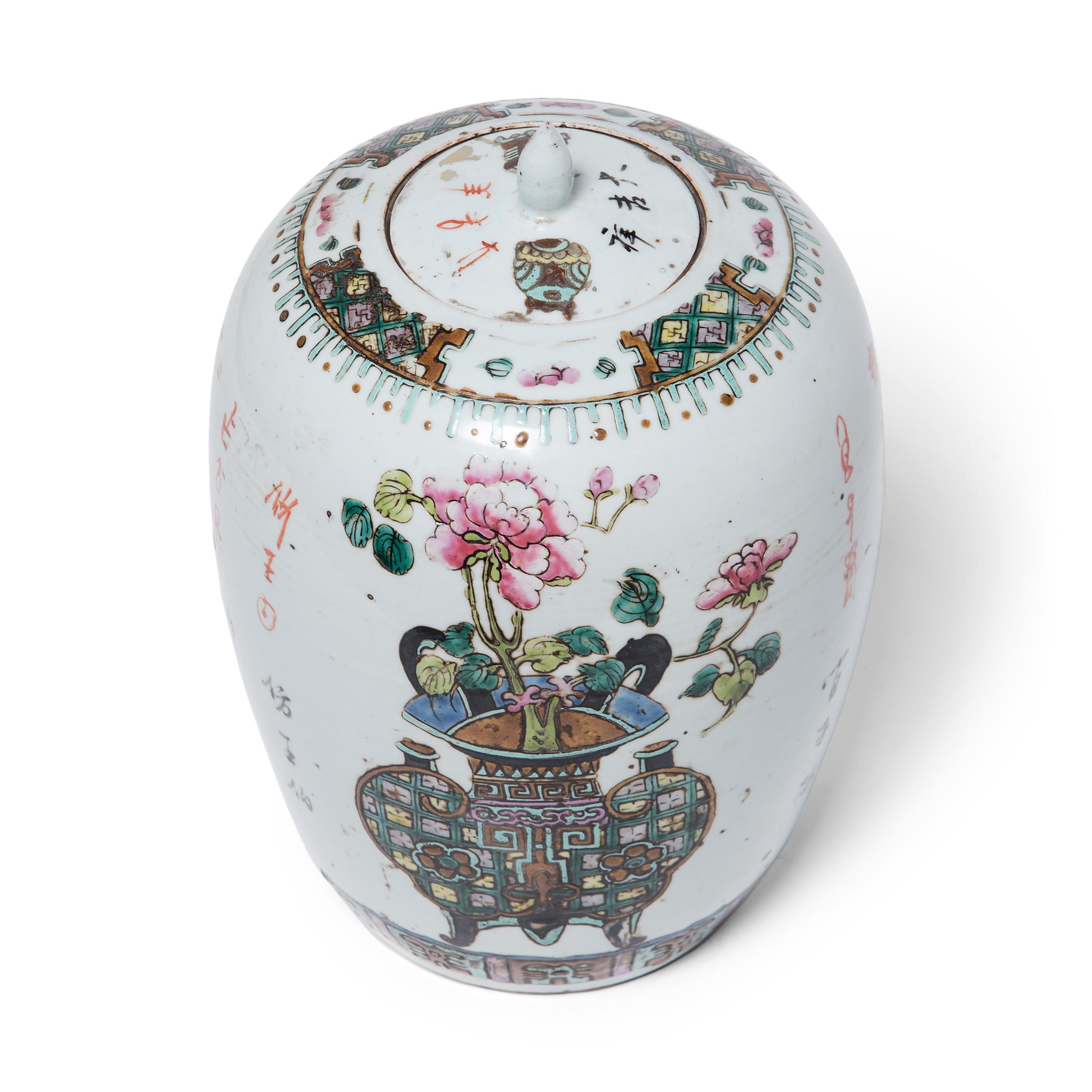 Porcelain Chinese Famille Rose Ginger Jar with Ancient Censers, c. 1900 For Sale