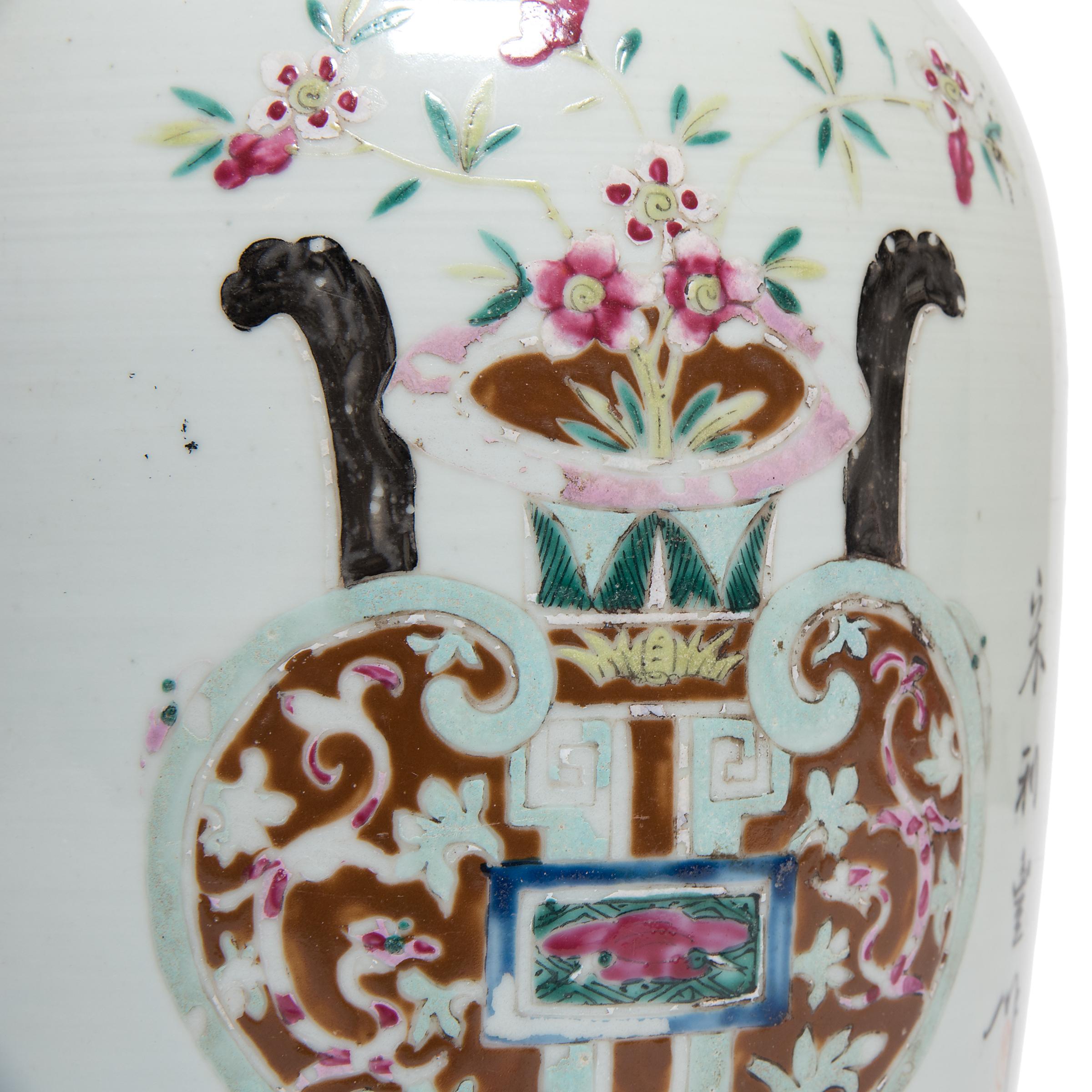 Porcelain Chinese Famille Rose Ginger Jar with Ancient Censers, c. 1900 For Sale