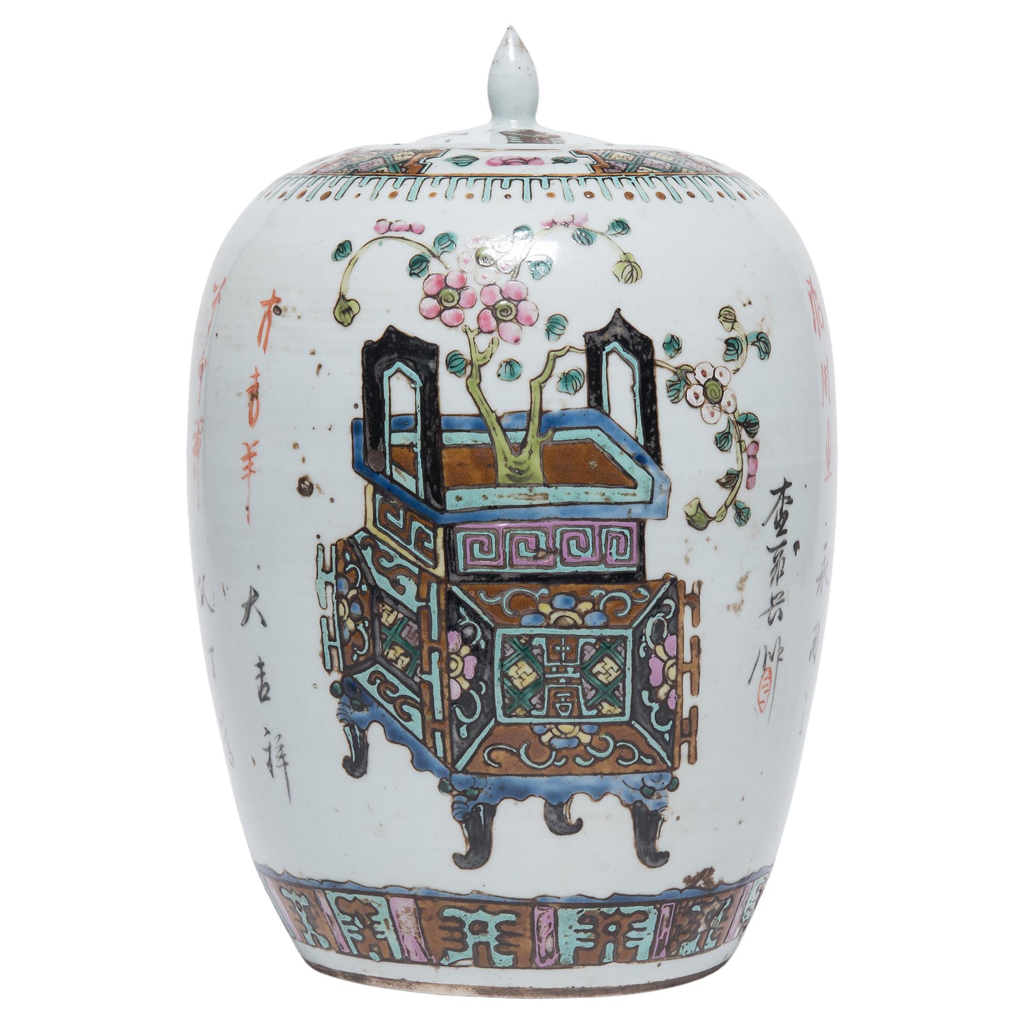 Chinese Famille Rose Ginger Jar with Ancient Censers, c. 1900 For Sale