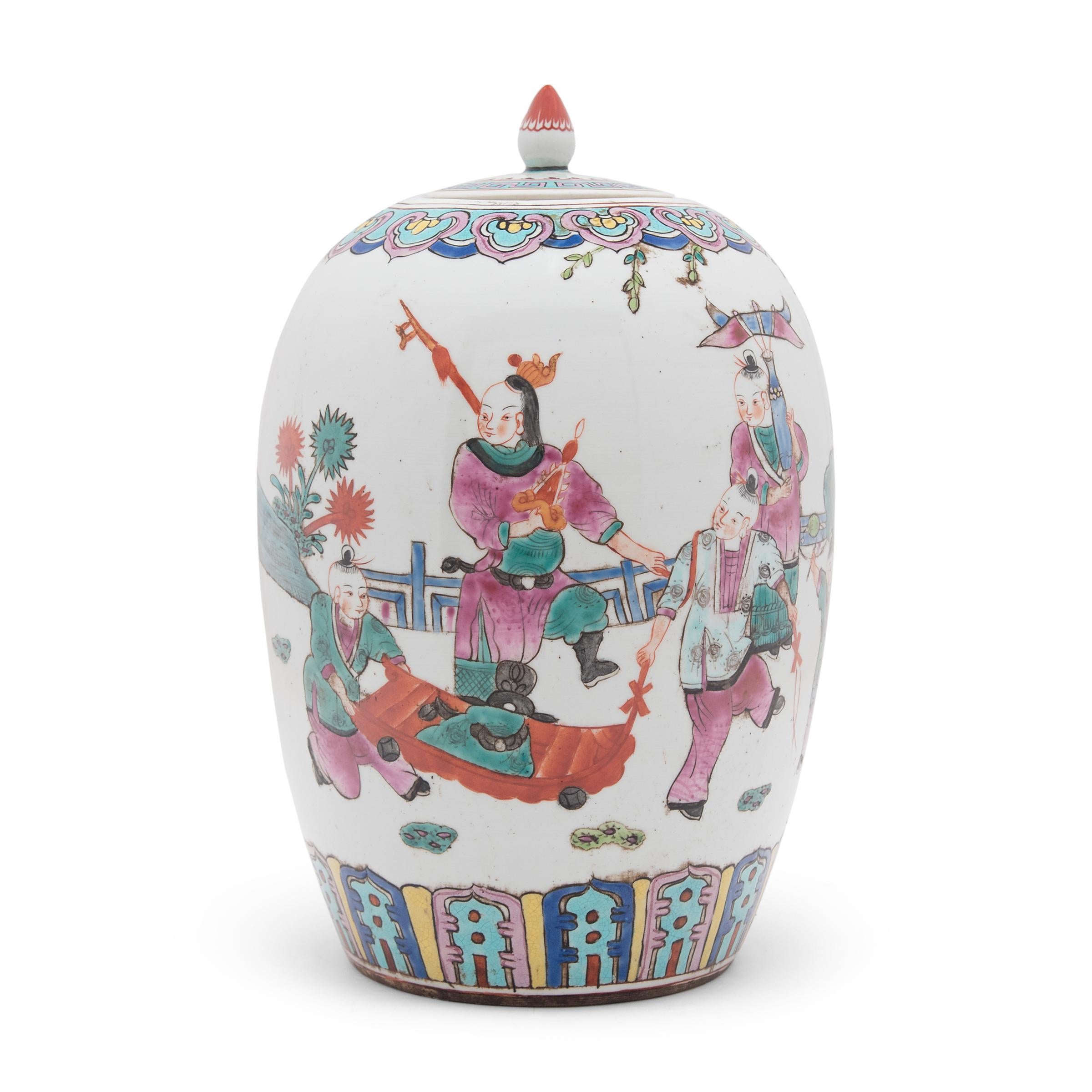 Enameled Chinese Famille Rose Ginger Jar with Boys at Play, c. 1900