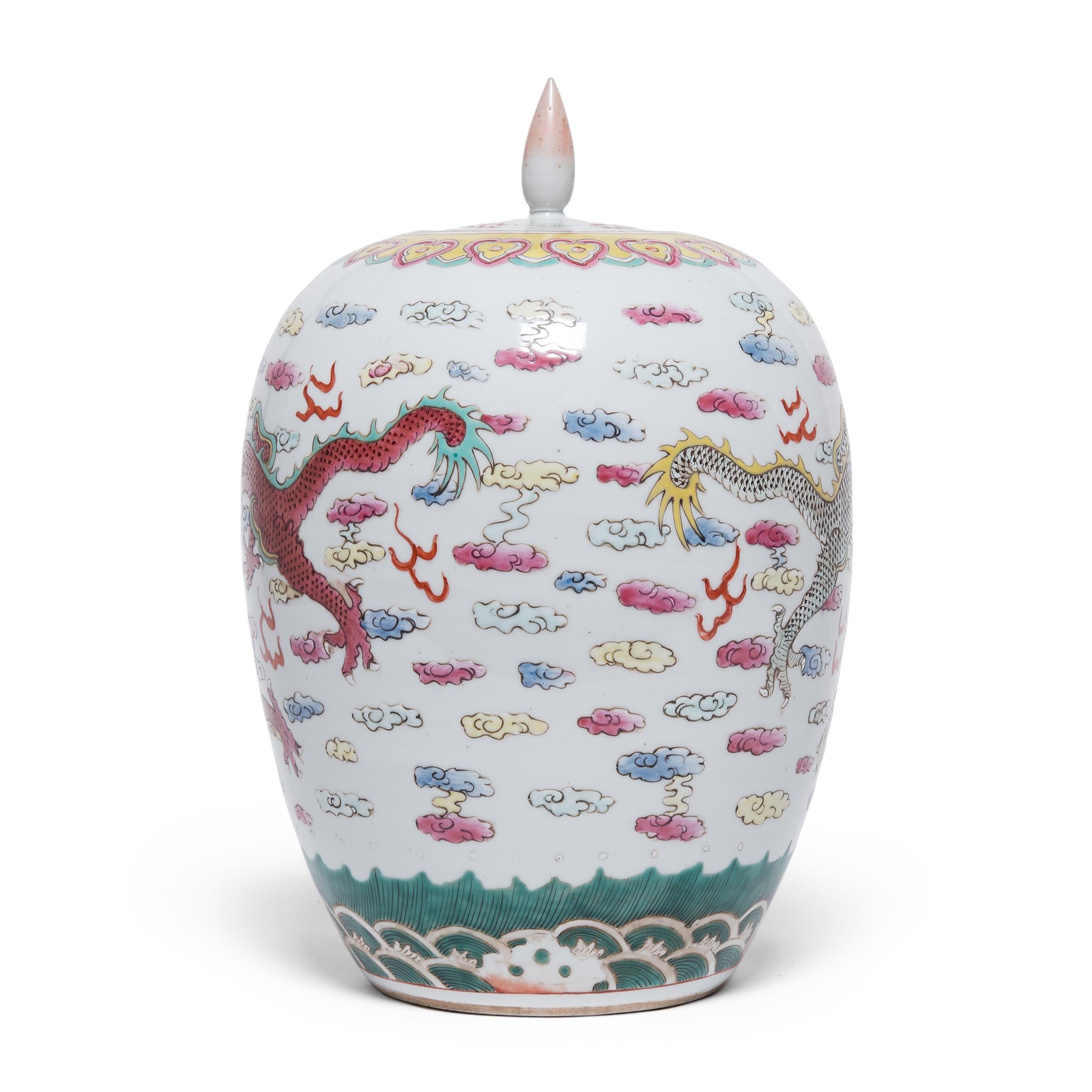 Qing Chinese Famille Rose Ginger Jar with Celestial Dragons, c. 1900