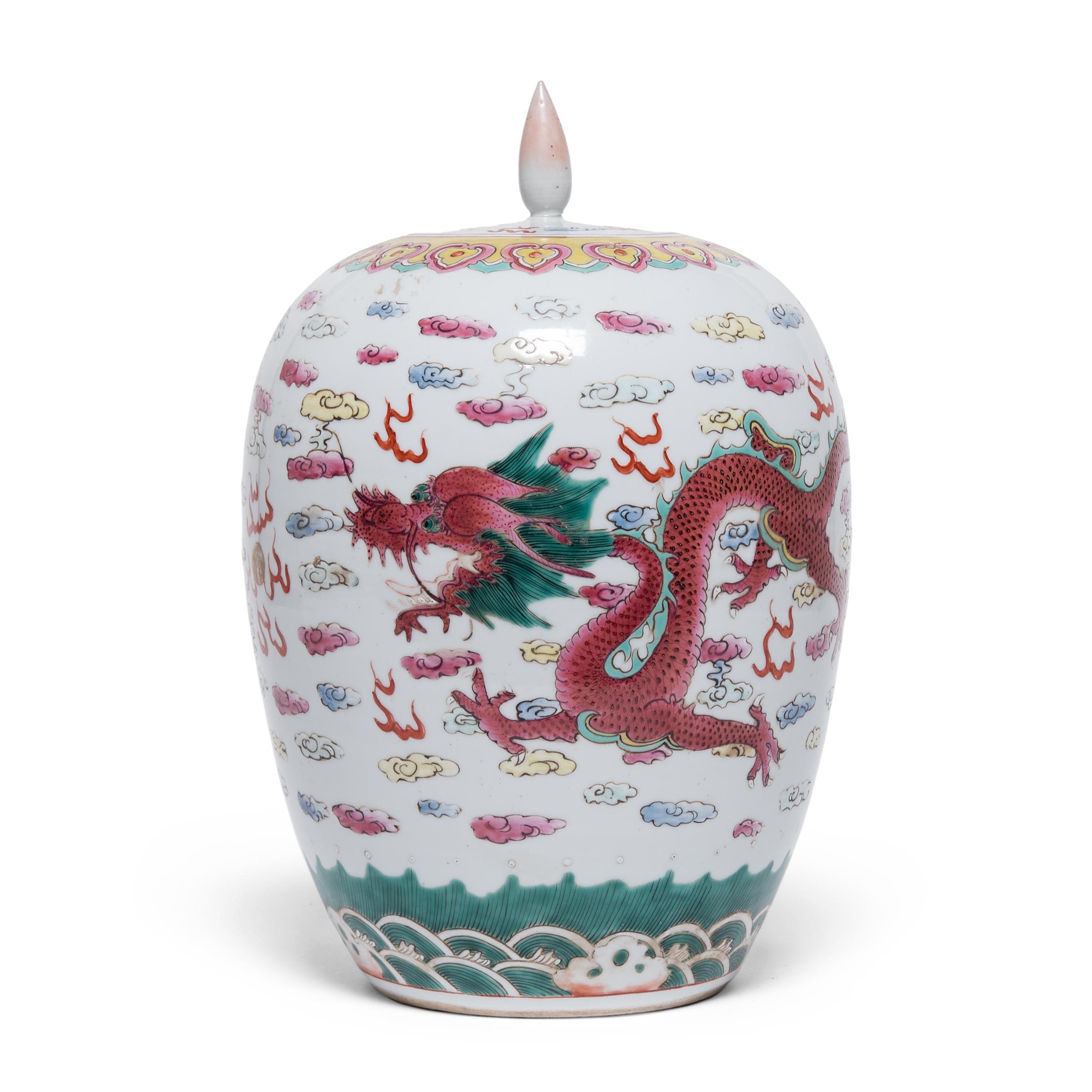 Enameled Chinese Famille Rose Ginger Jar with Celestial Dragons, c. 1900