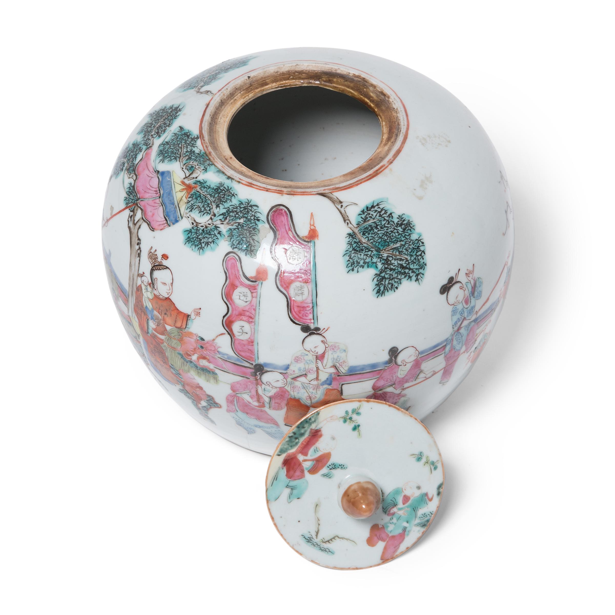 Porcelain Chinese Famille Rose Ginger Jar with Mythical Qilin, C. 1900