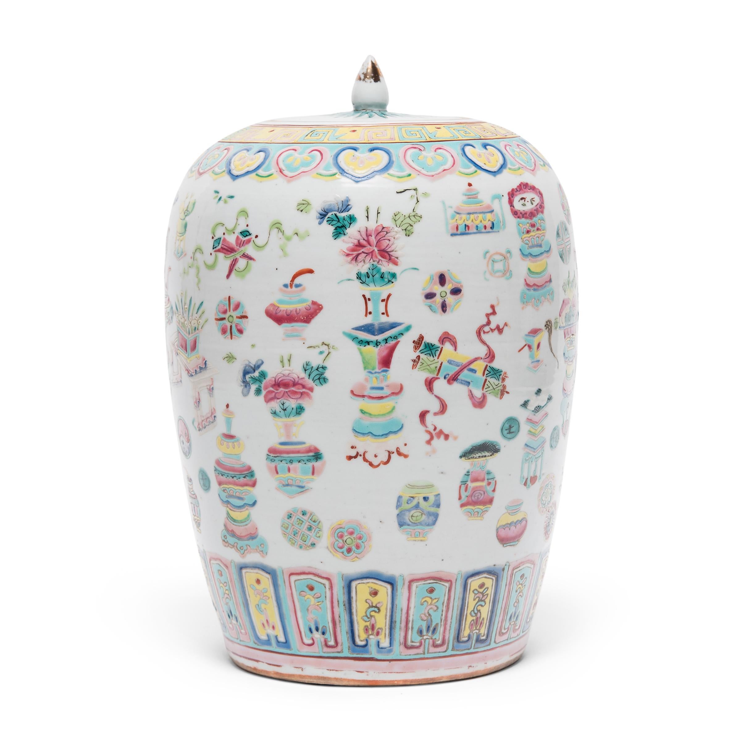 Qing Chinese Famille Rose Ginger Jar with Scholars' Objects, c. 1900