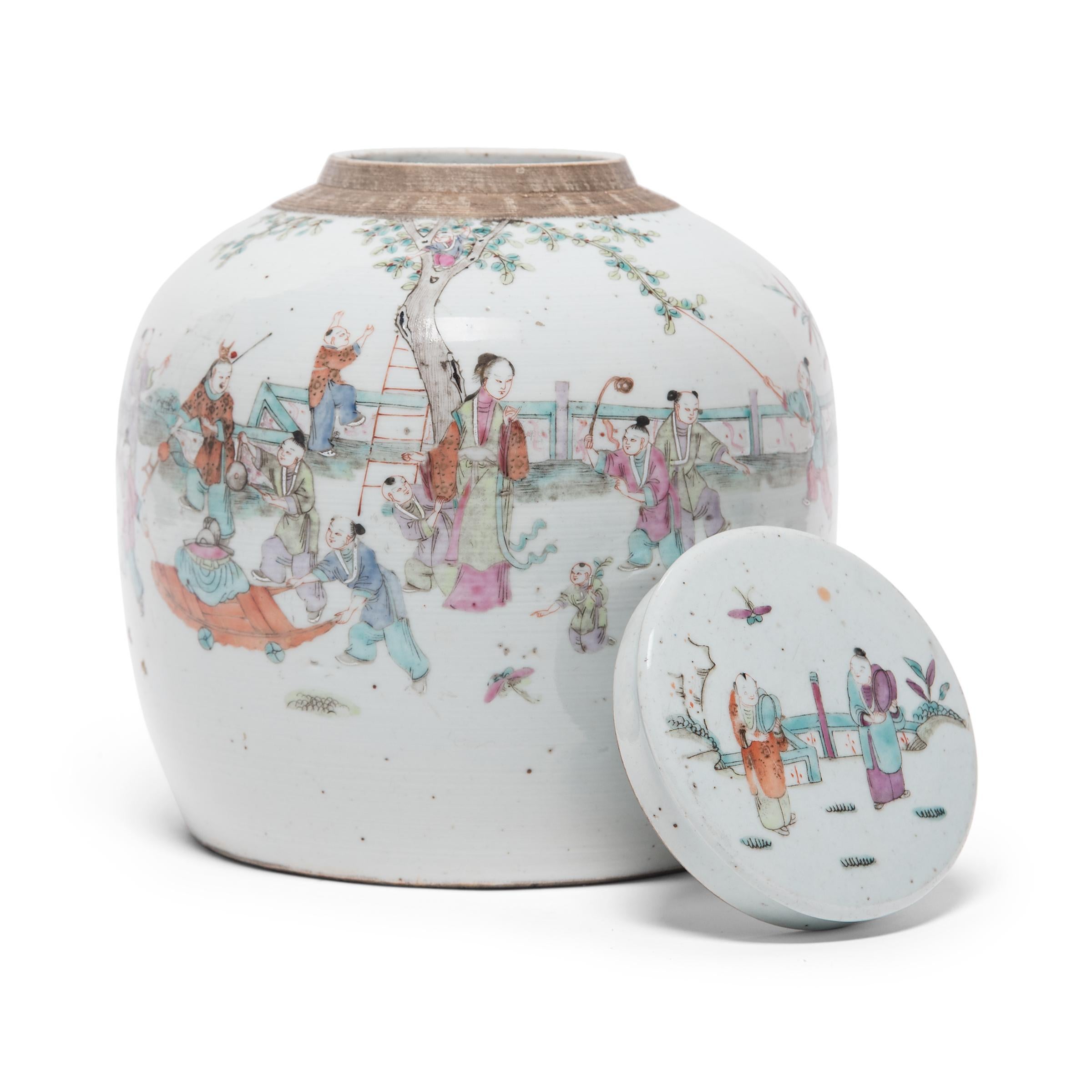 20th Century Chinese Famille Rose Jar with Boys at Play, C. 1900 For Sale