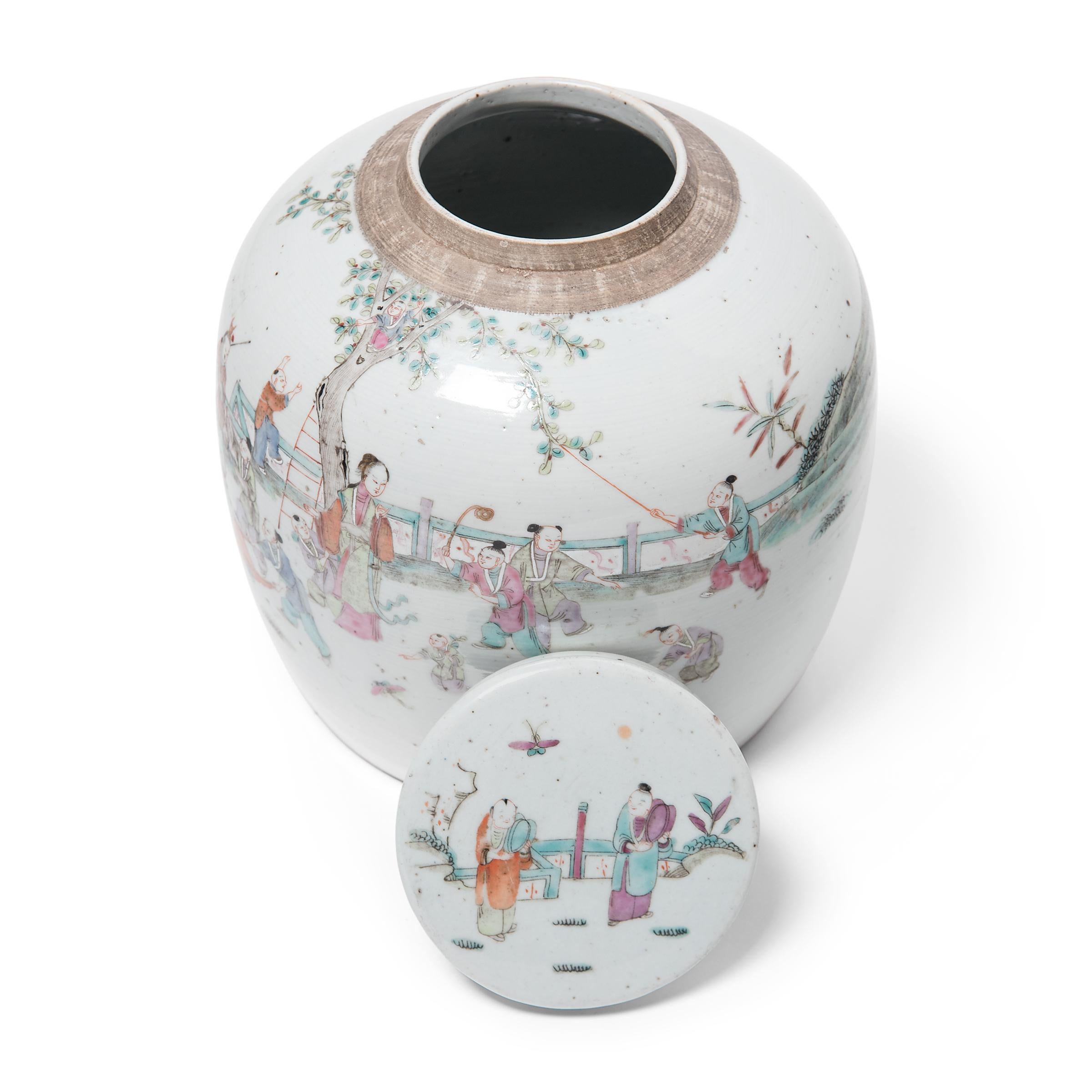 Porcelain Chinese Famille Rose Jar with Boys at Play, C. 1900 For Sale