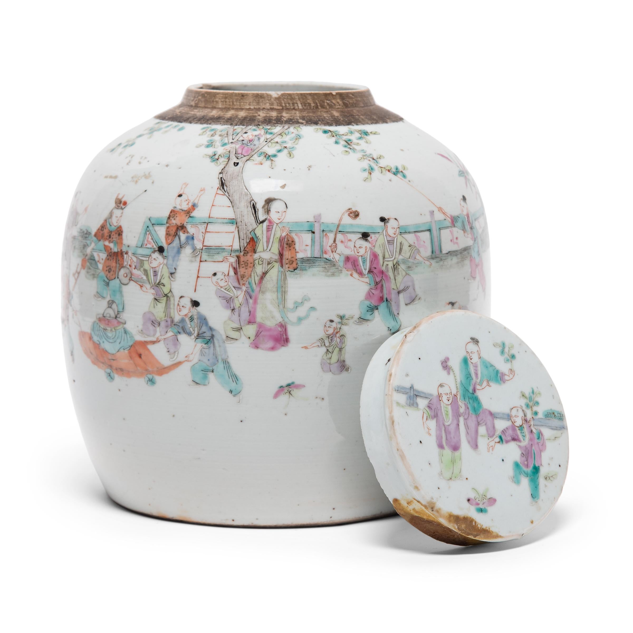 20th Century Chinese Famille Rose Jar with Children Playing, c. 1900 For Sale