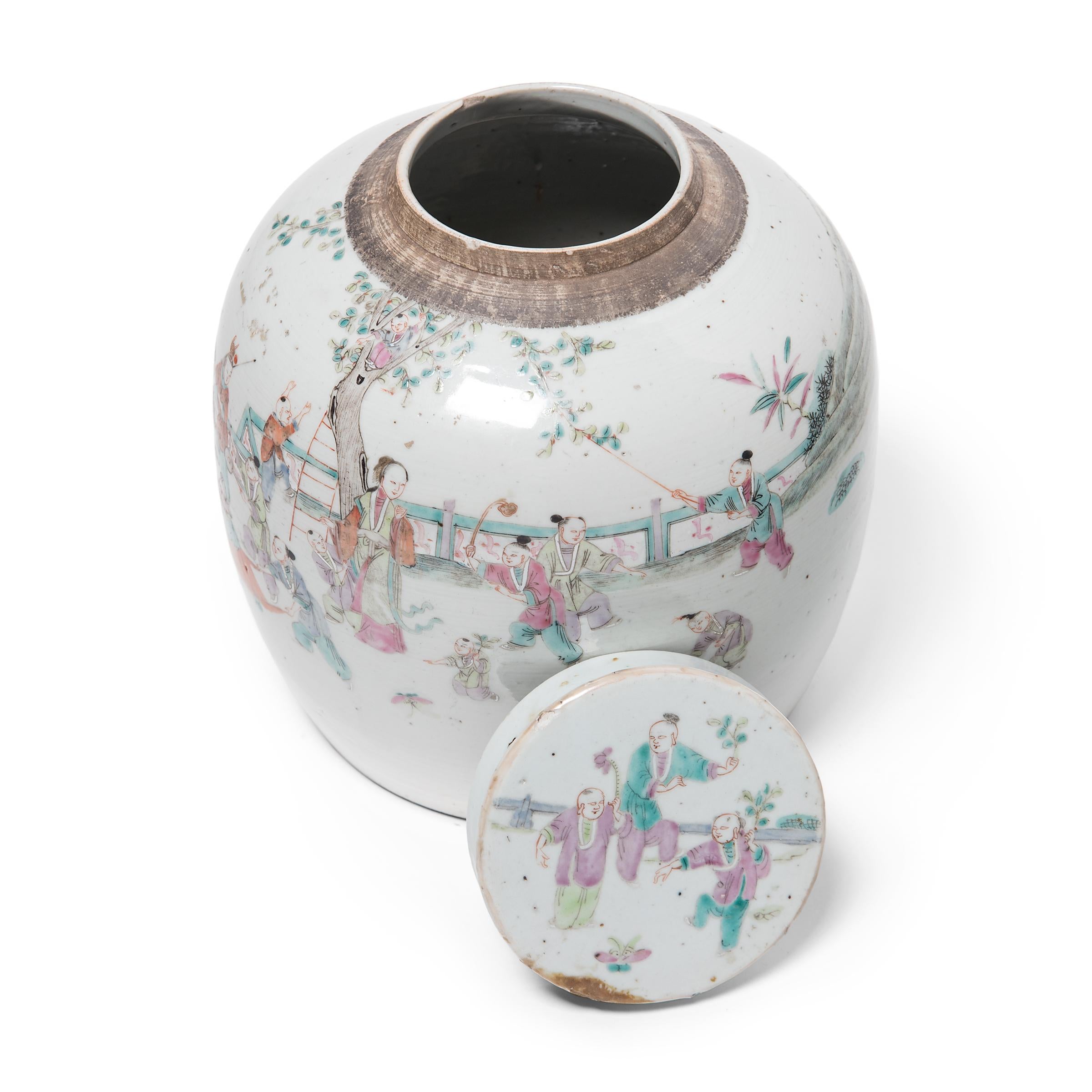 Porcelain Chinese Famille Rose Jar with Children Playing, c. 1900 For Sale