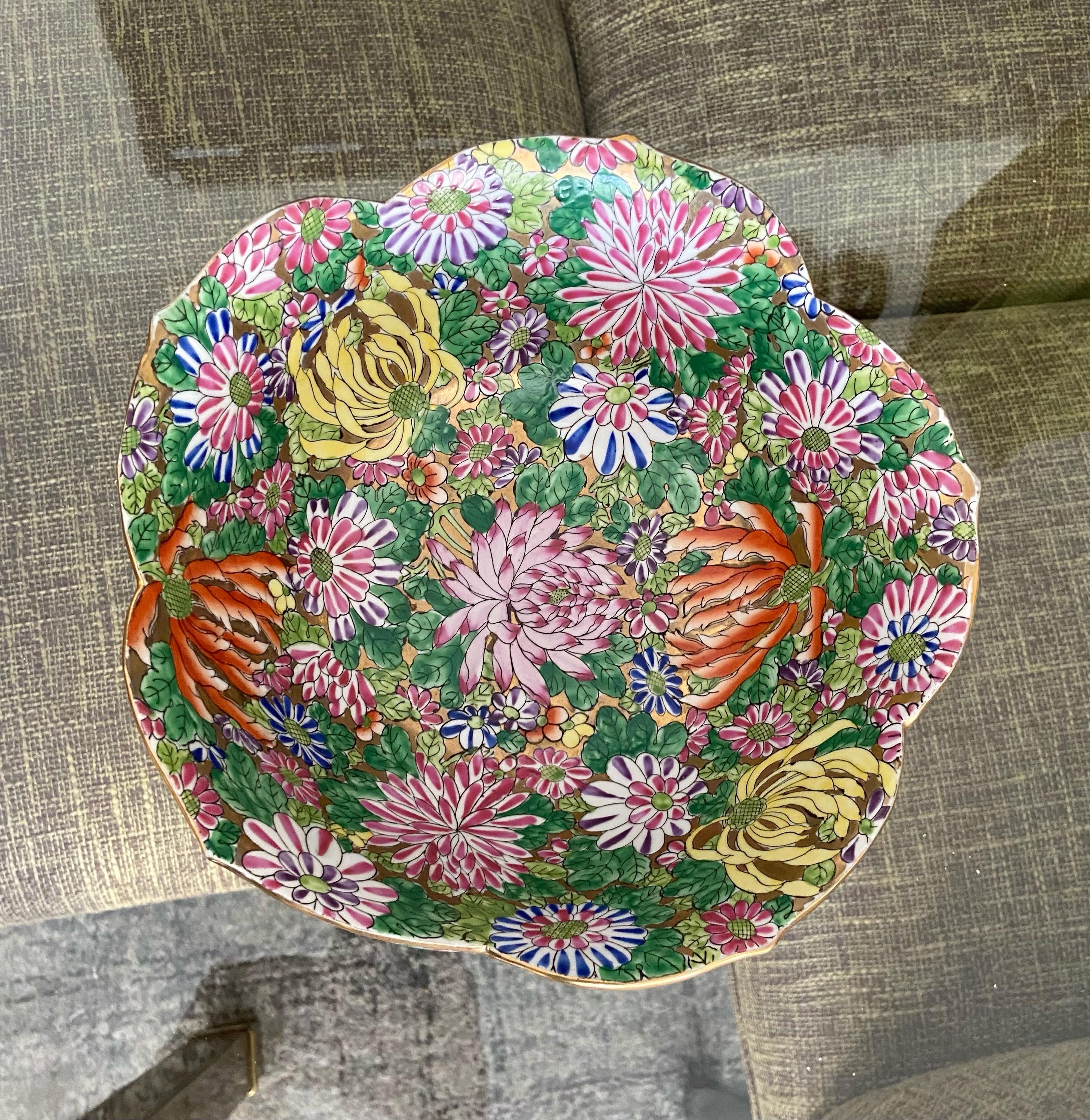Mid-20th Century Chinese Famille Rose Millefleurs Porcelain Lotus Shape Bowl For Sale