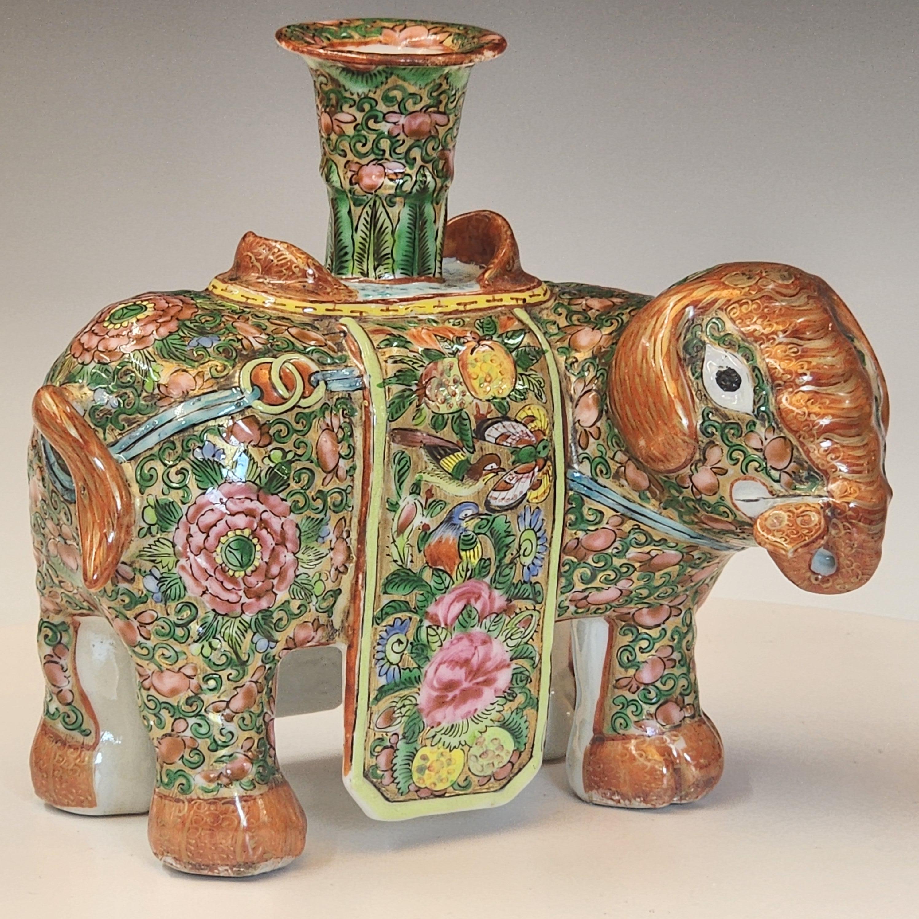 Glazed Chinese Famille Rose of Elephant Form Joss or Candlestick For Sale