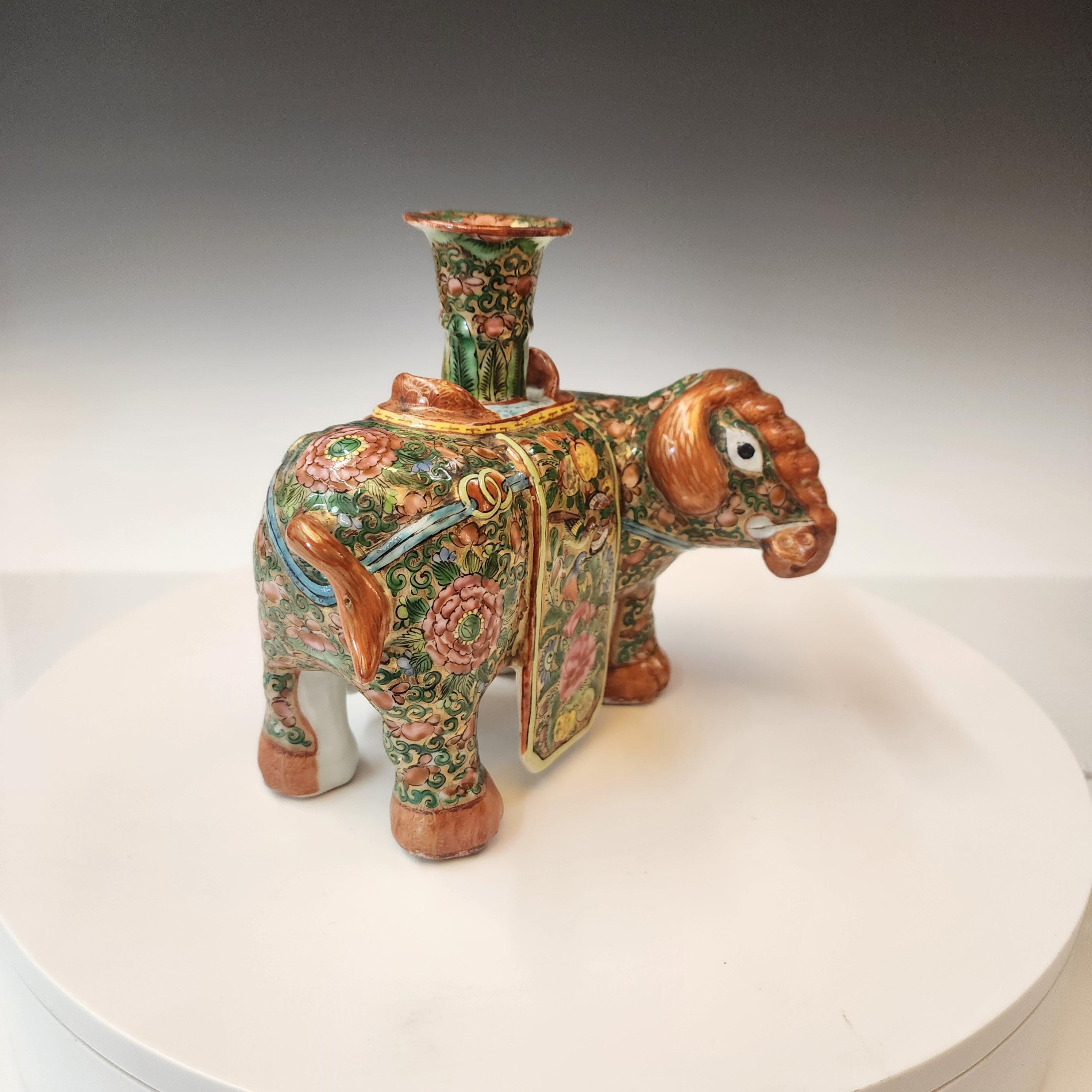 Chinese Famille Rose of Elephant Form Joss or Candlestick In Good Condition For Sale In Kilmarnock, VA