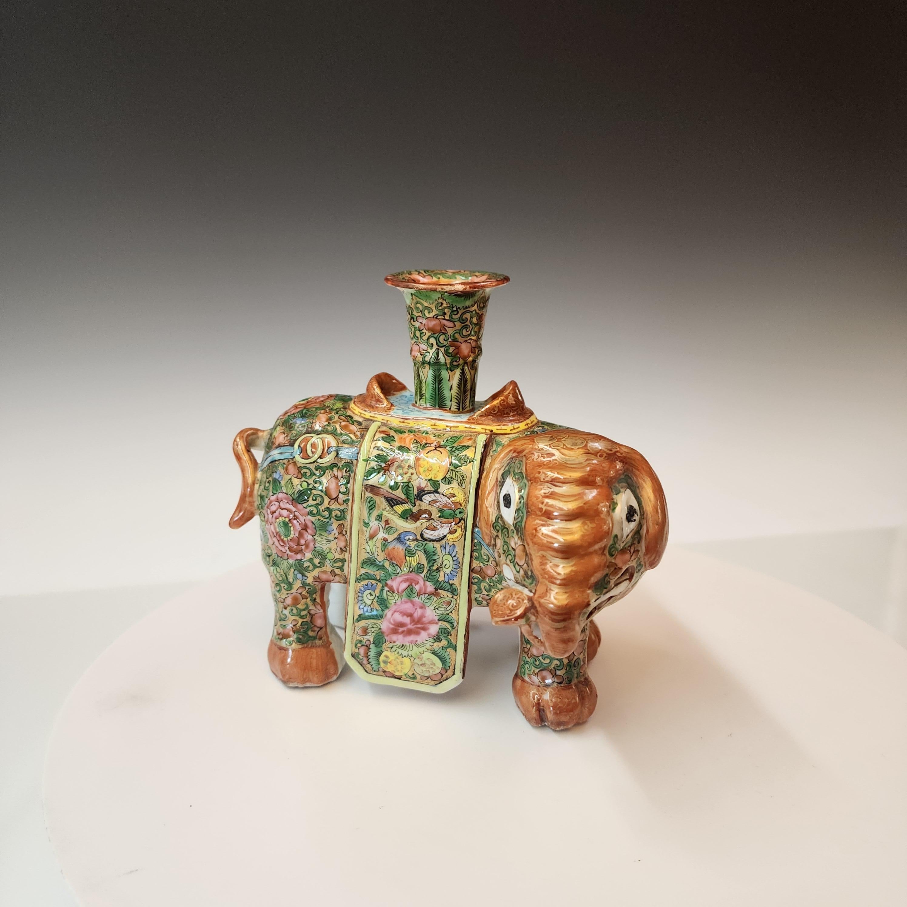 Late 19th Century Chinese Famille Rose of Elephant Form Joss or Candlestick For Sale