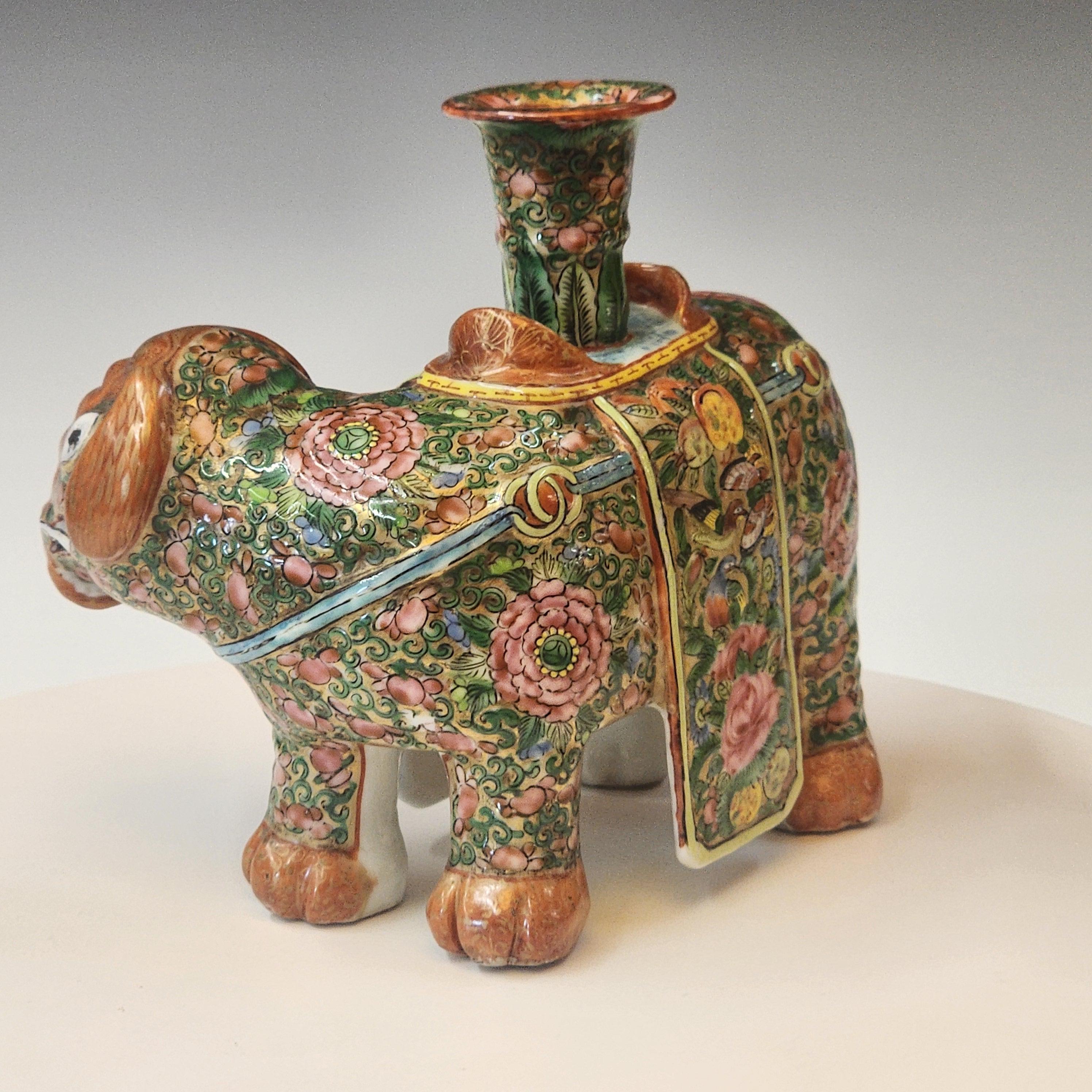 Enamel Chinese Famille Rose of Elephant Form Joss or Candlestick For Sale