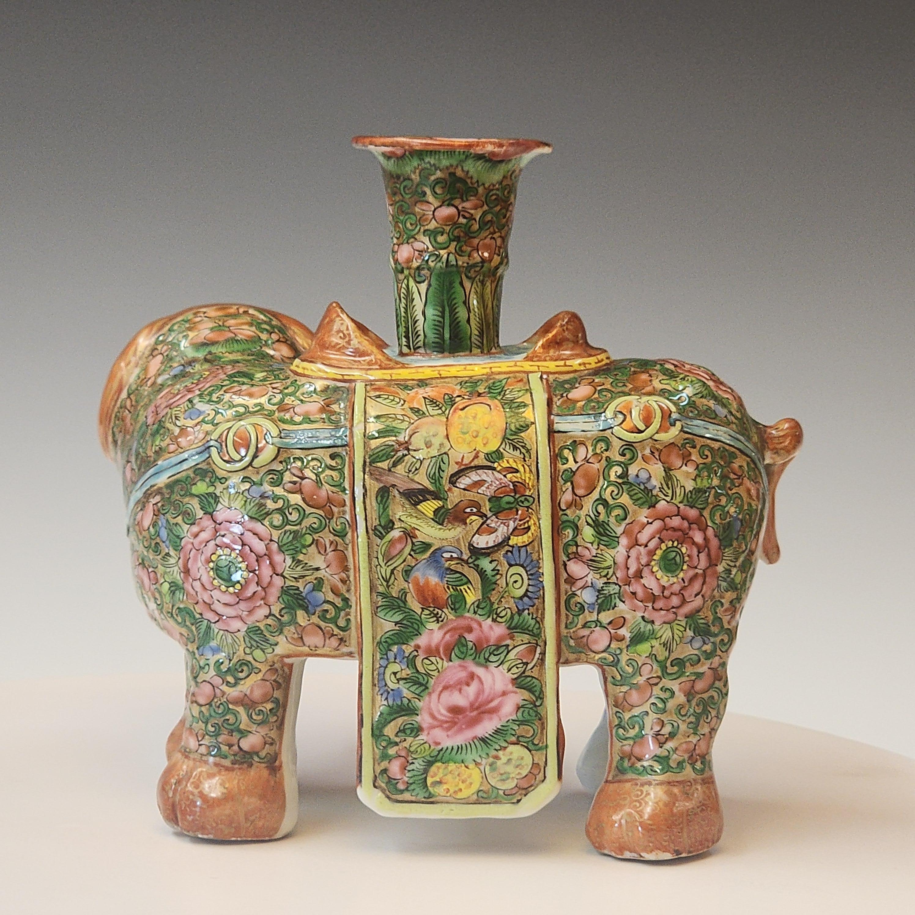Chinese Famille Rose of Elephant Form Joss or Candlestick For Sale 1