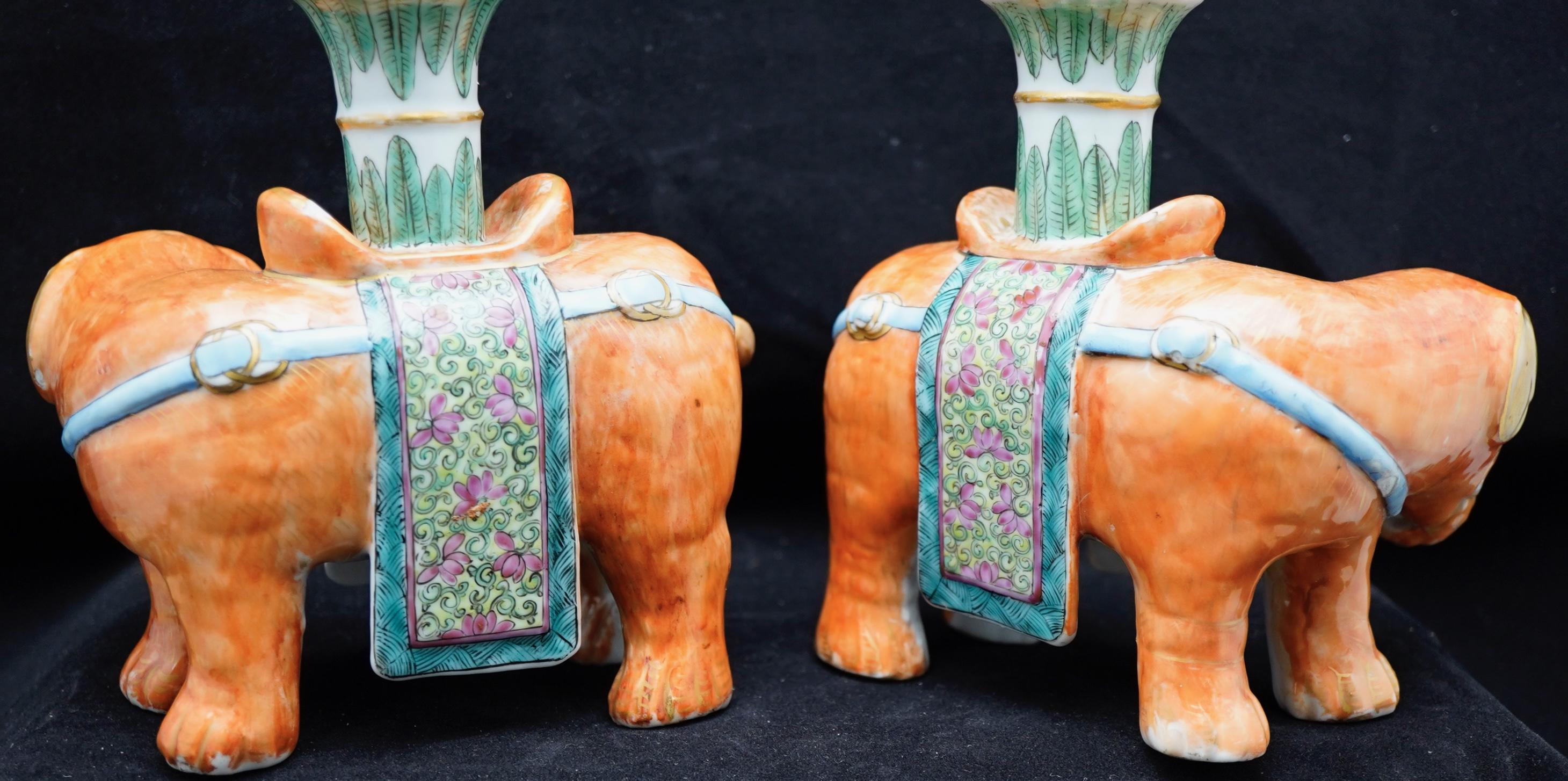 Cast Chinese Famille Rose Pair of Elephant Candlesticks or Josh Sticks. For Sale