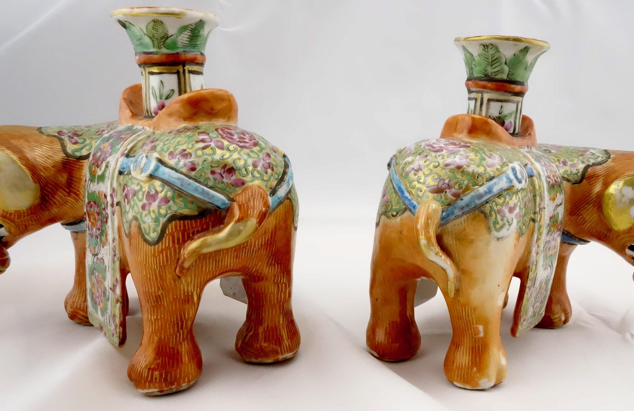 19th Century Chinese Famille Rose Pair of Elephant Form Joss or Candlesticks For Sale