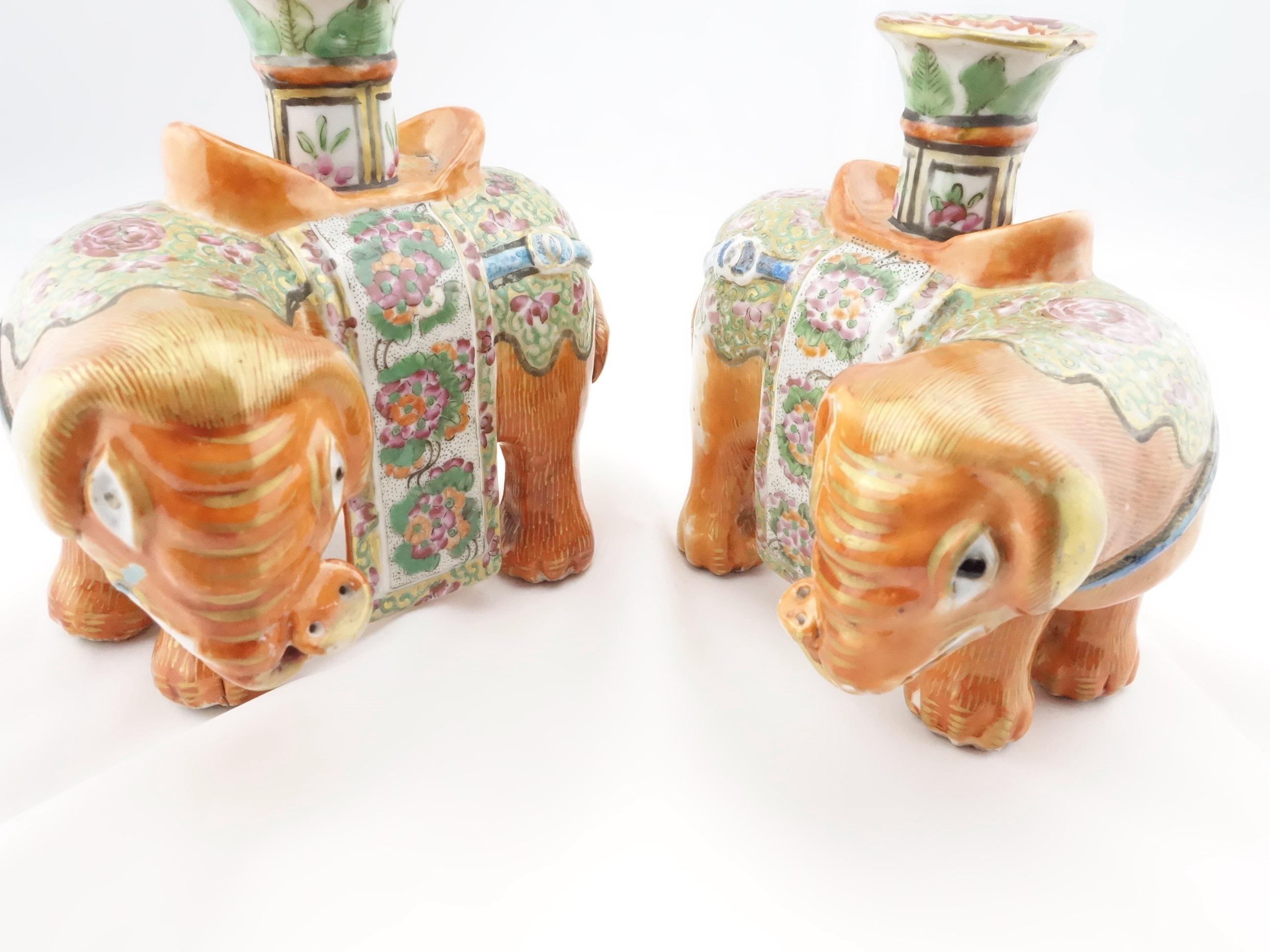 Porcelain Chinese Famille Rose Pair of Elephant Form Joss or Candlesticks