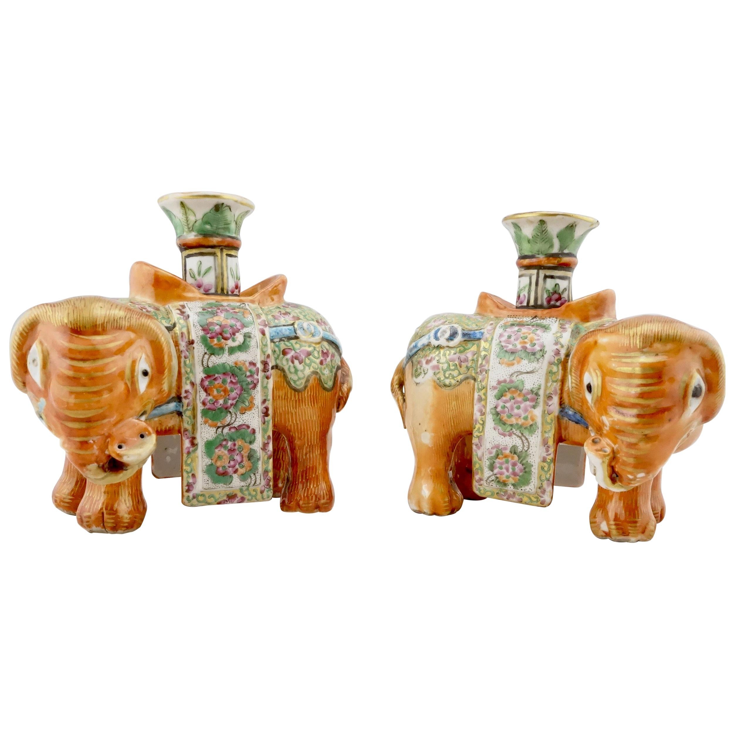 Chinese Famille Rose Pair of Elephant Form Joss or Candlesticks