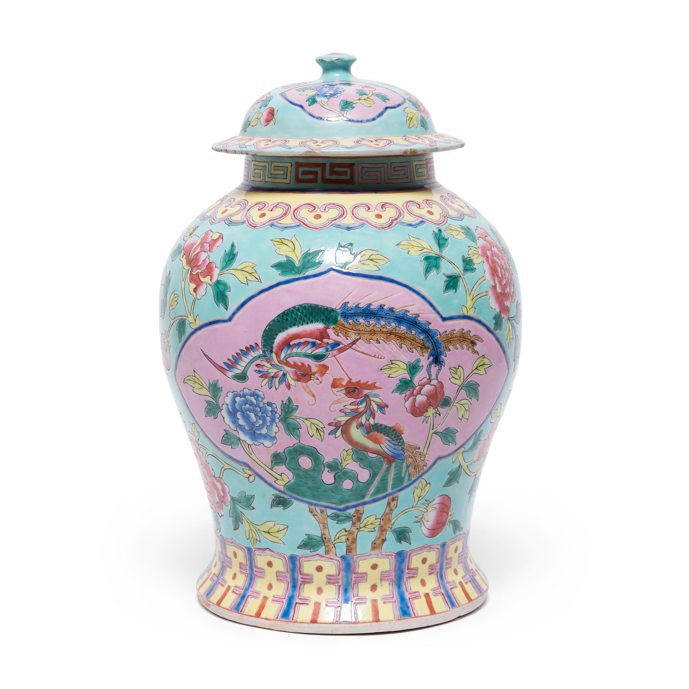 Chinese Export Chinese Famille Rose Phoenix and Peony Baluster Jar, c. 1900 For Sale