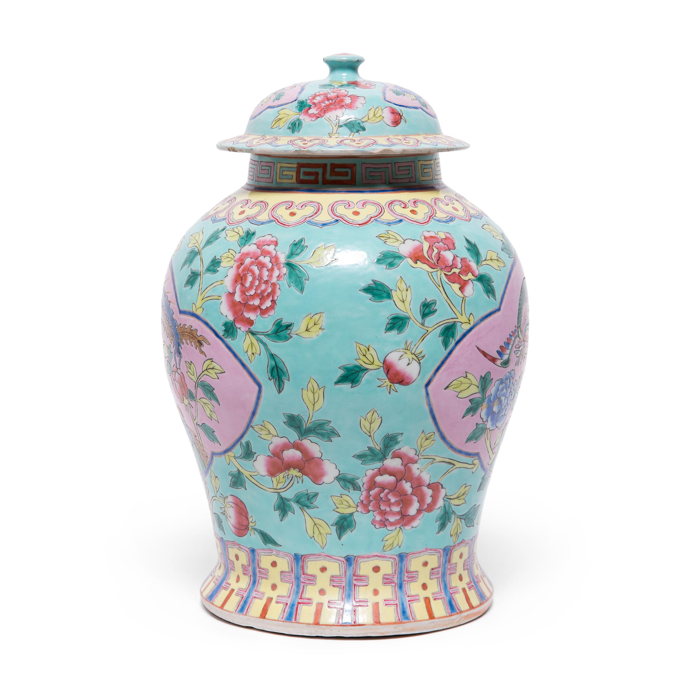 Enameled Chinese Famille Rose Phoenix and Peony Baluster Jar, c. 1900 For Sale