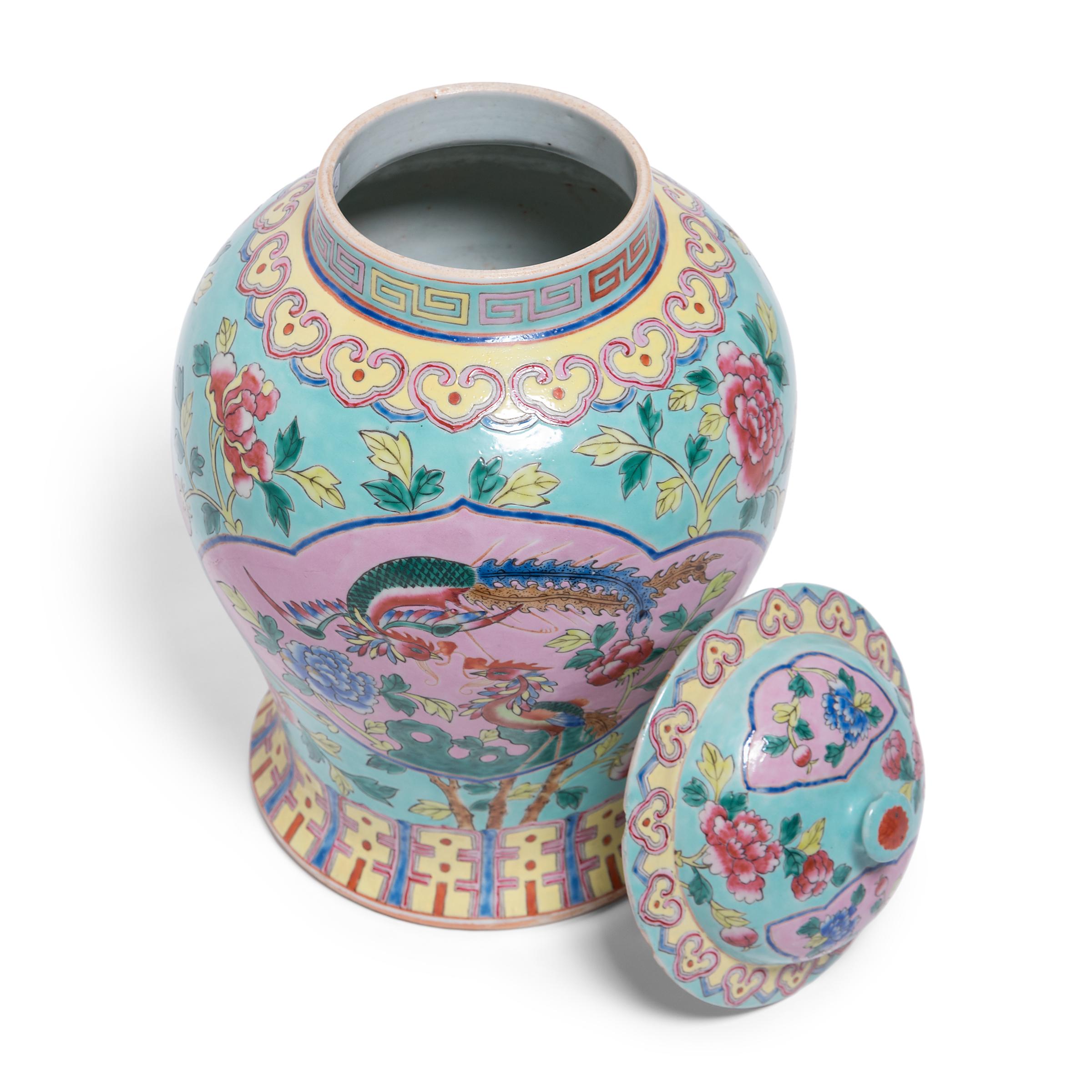 20th Century Chinese Famille Rose Phoenix and Peony Baluster Jar, c. 1900 For Sale