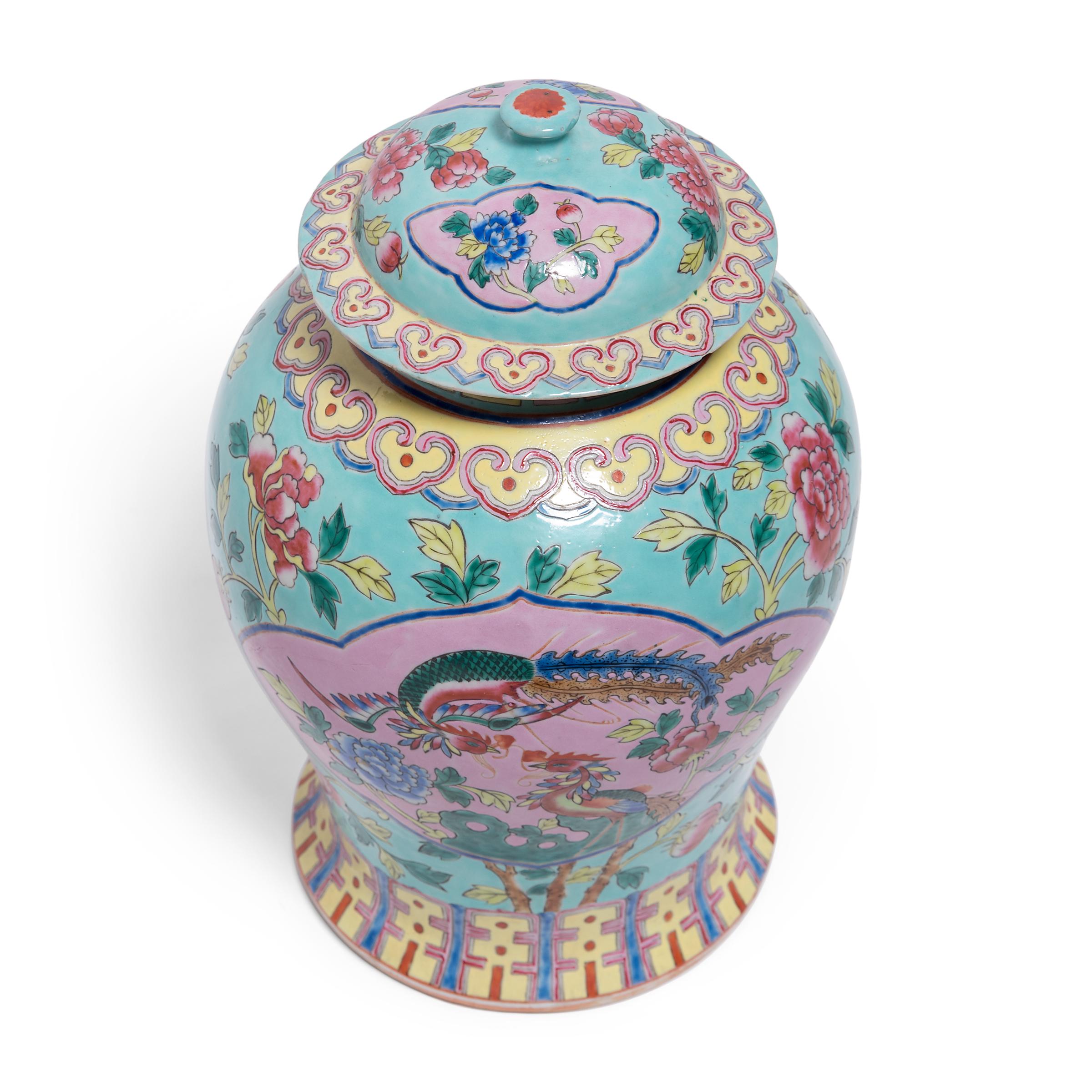 Porcelain Chinese Famille Rose Phoenix and Peony Baluster Jar, c. 1900 For Sale