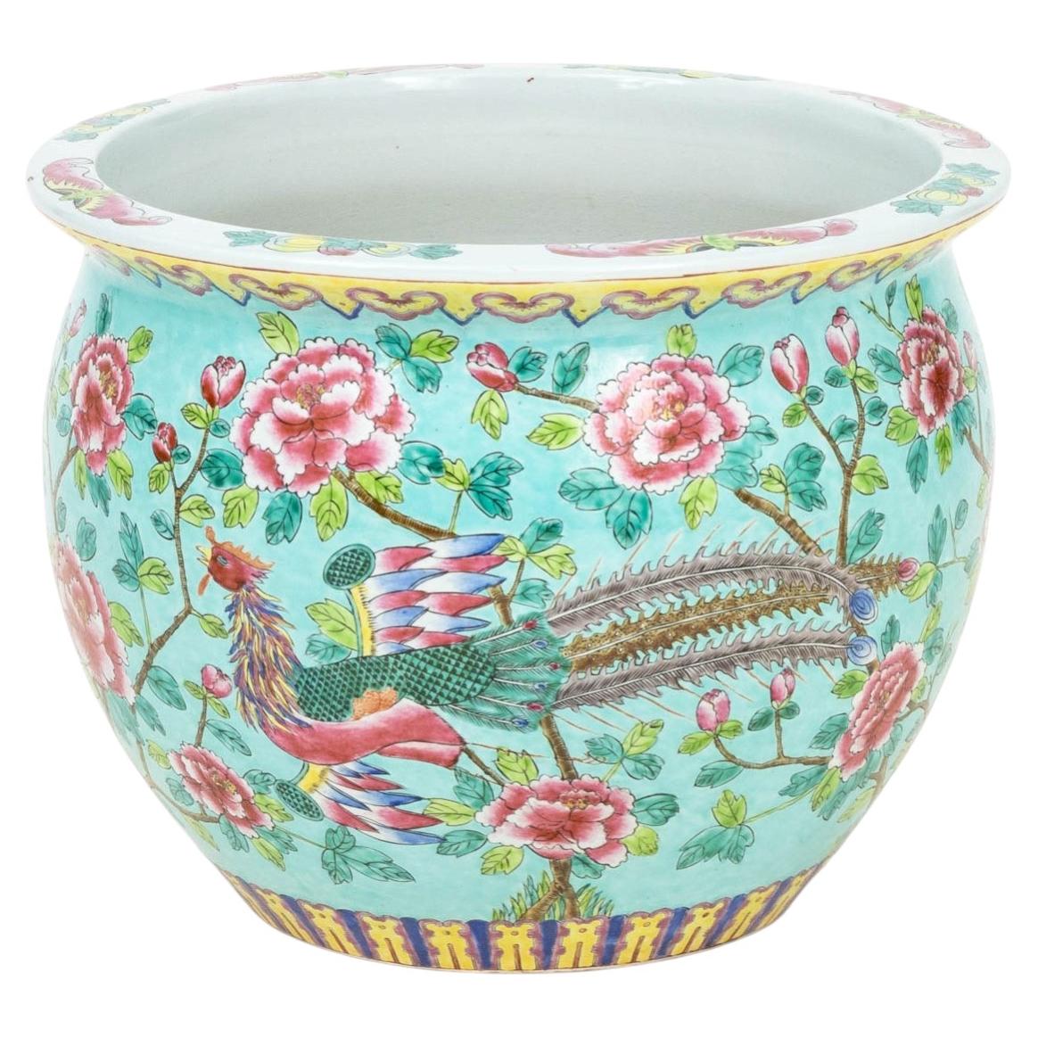 Chinese Famille Rose Porcelain Fish Bowl with Hand-Painted Fish on Interior