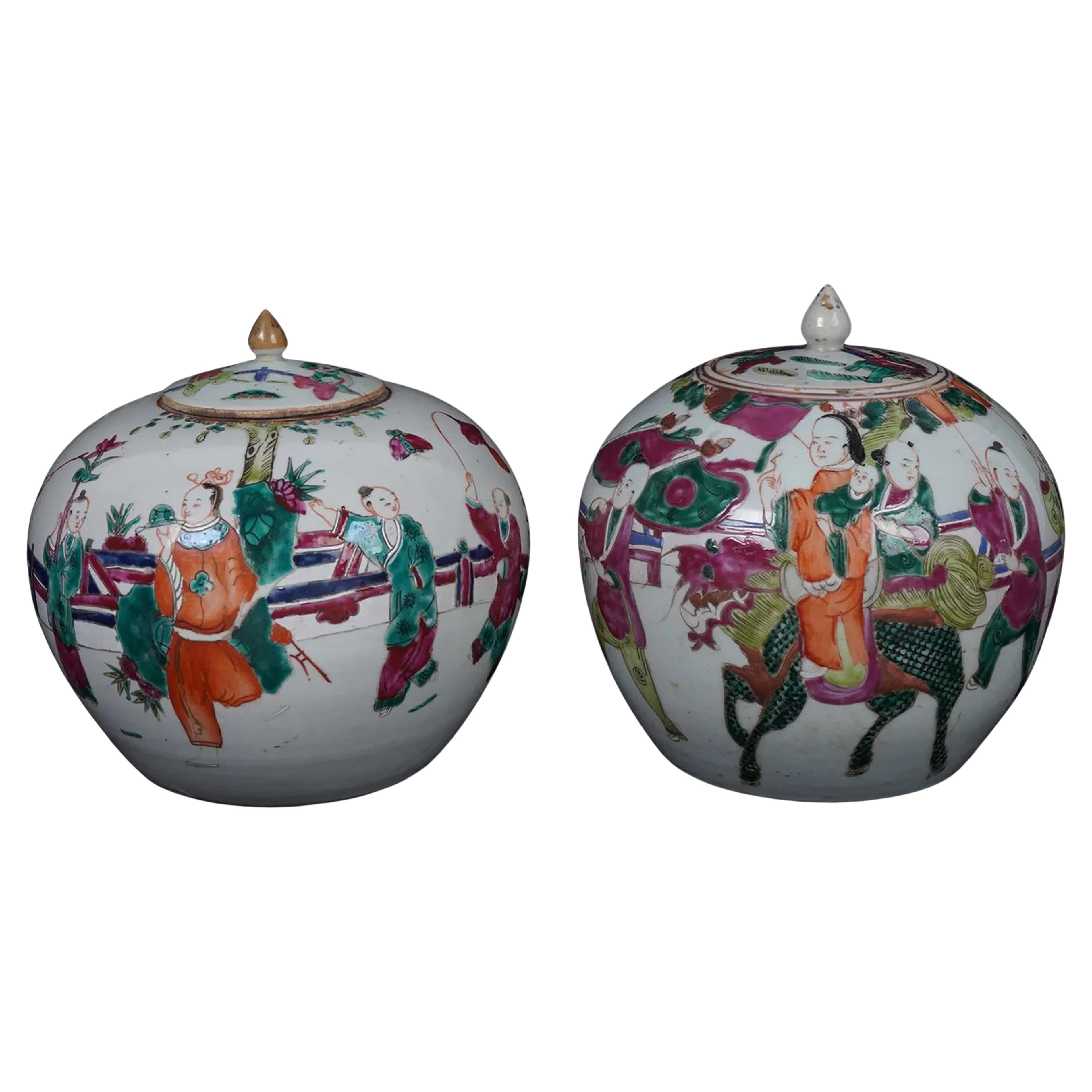 Antique Chinese Famille Rose Porcelain Ginger Jars, near pair