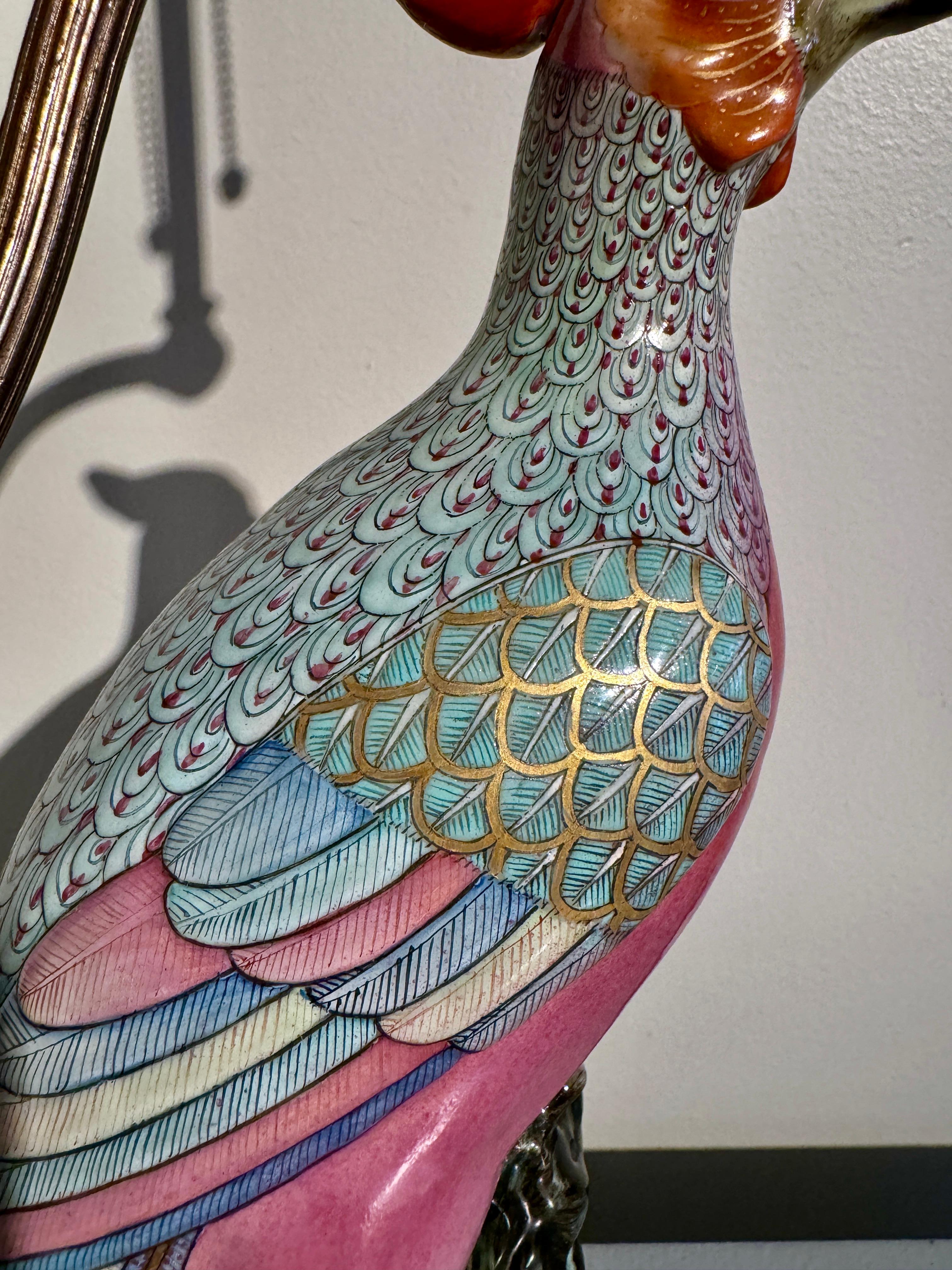 Chinese Famille Rose Porcelain Pheasant Lamp, Early 20th century, China and USA 4