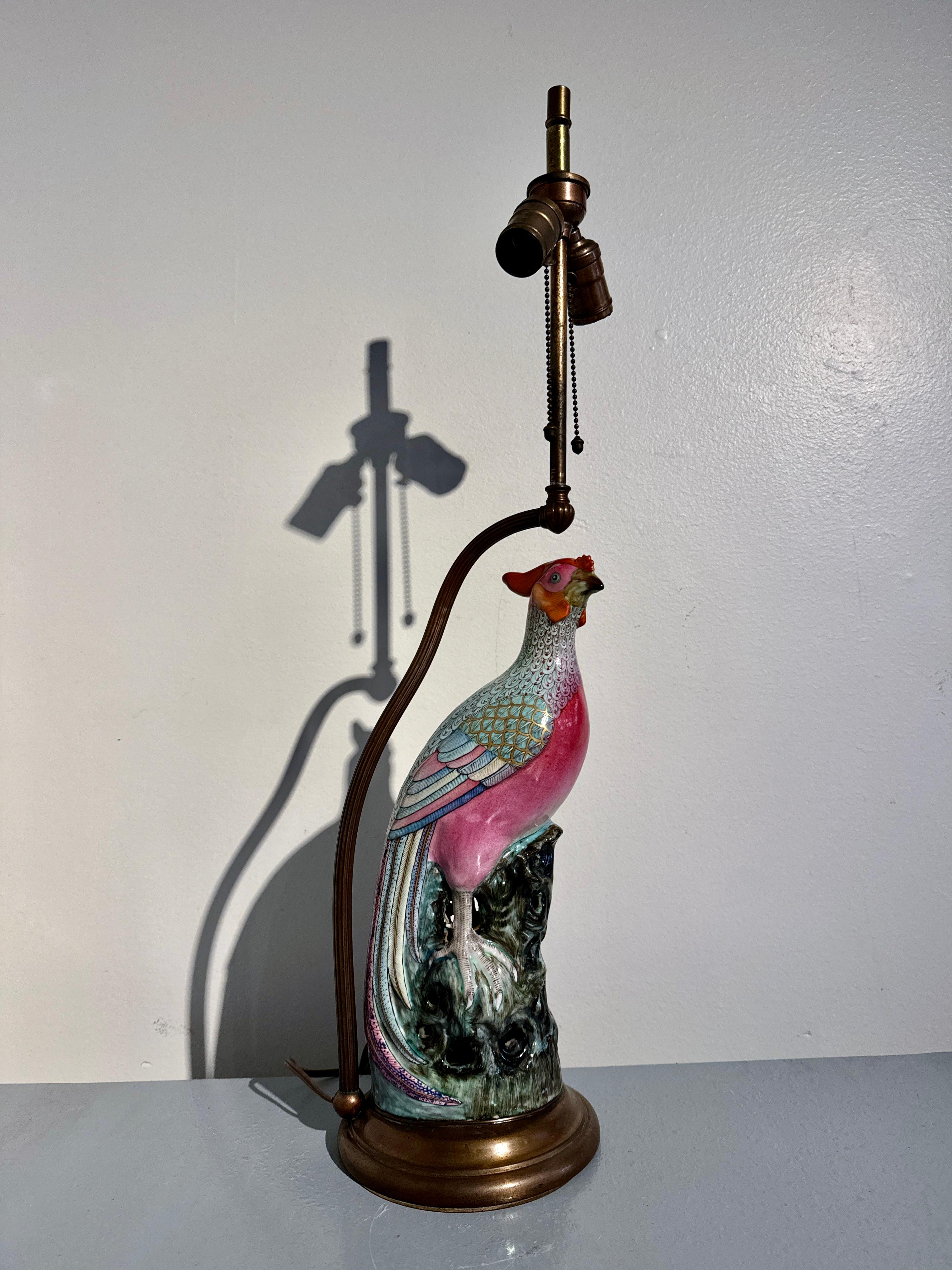Qing Chinese Famille Rose Porcelain Pheasant Lamp, Early 20th century, China and USA