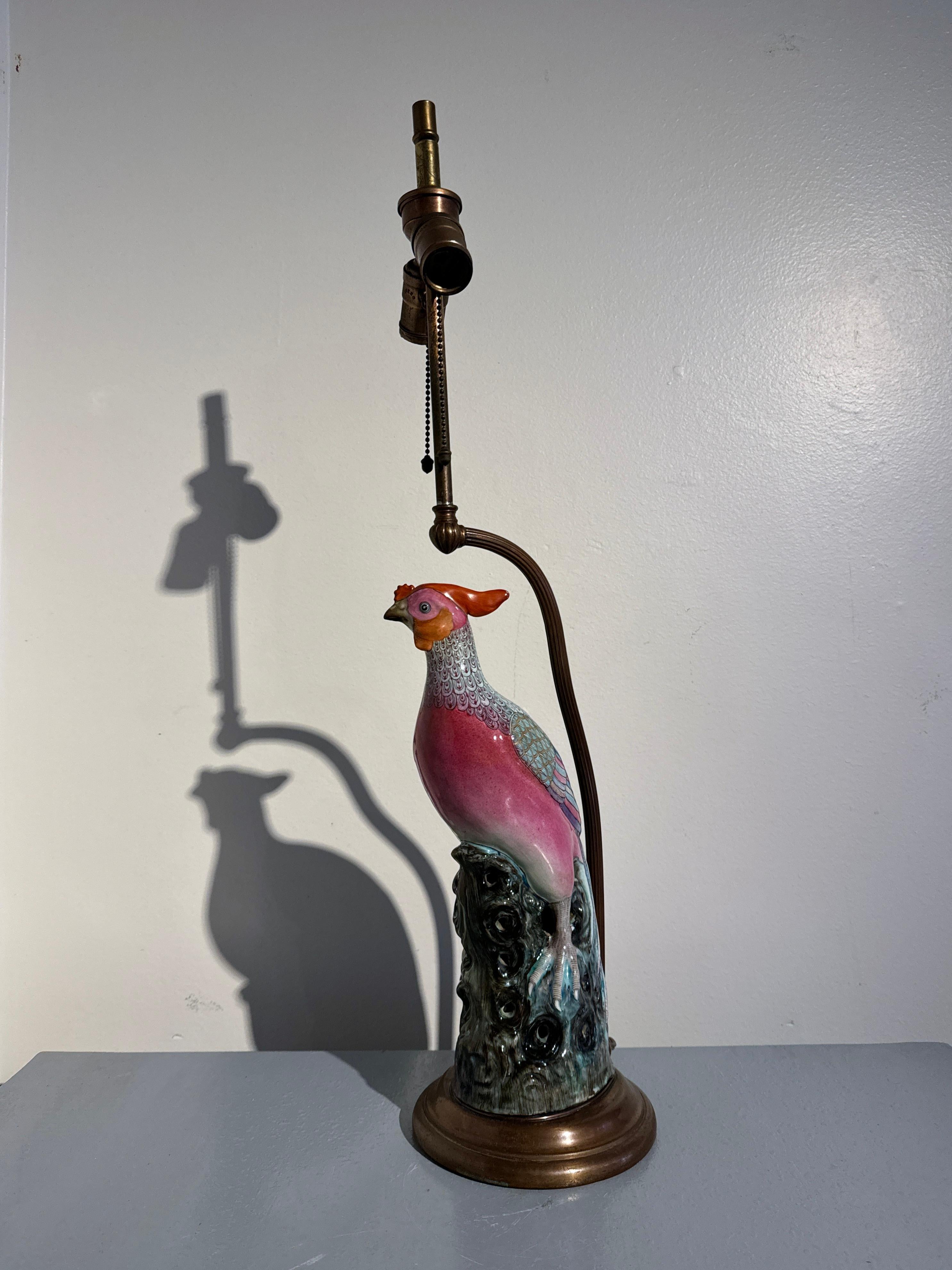 Chinese Famille Rose Porcelain Pheasant Lamp, Early 20th century, China and USA In Good Condition In Austin, TX
