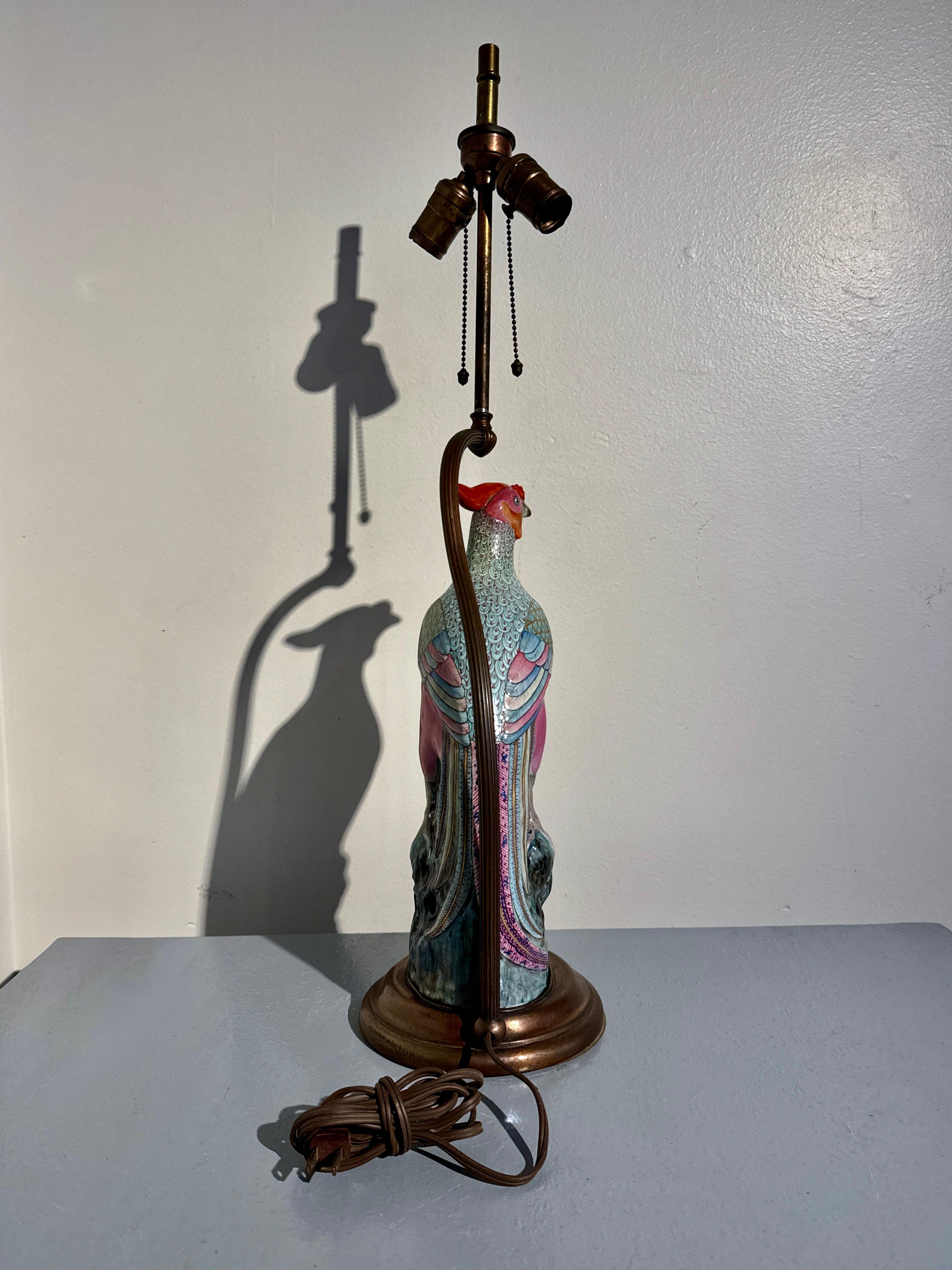 Metal Chinese Famille Rose Porcelain Pheasant Lamp, Early 20th century, China and USA