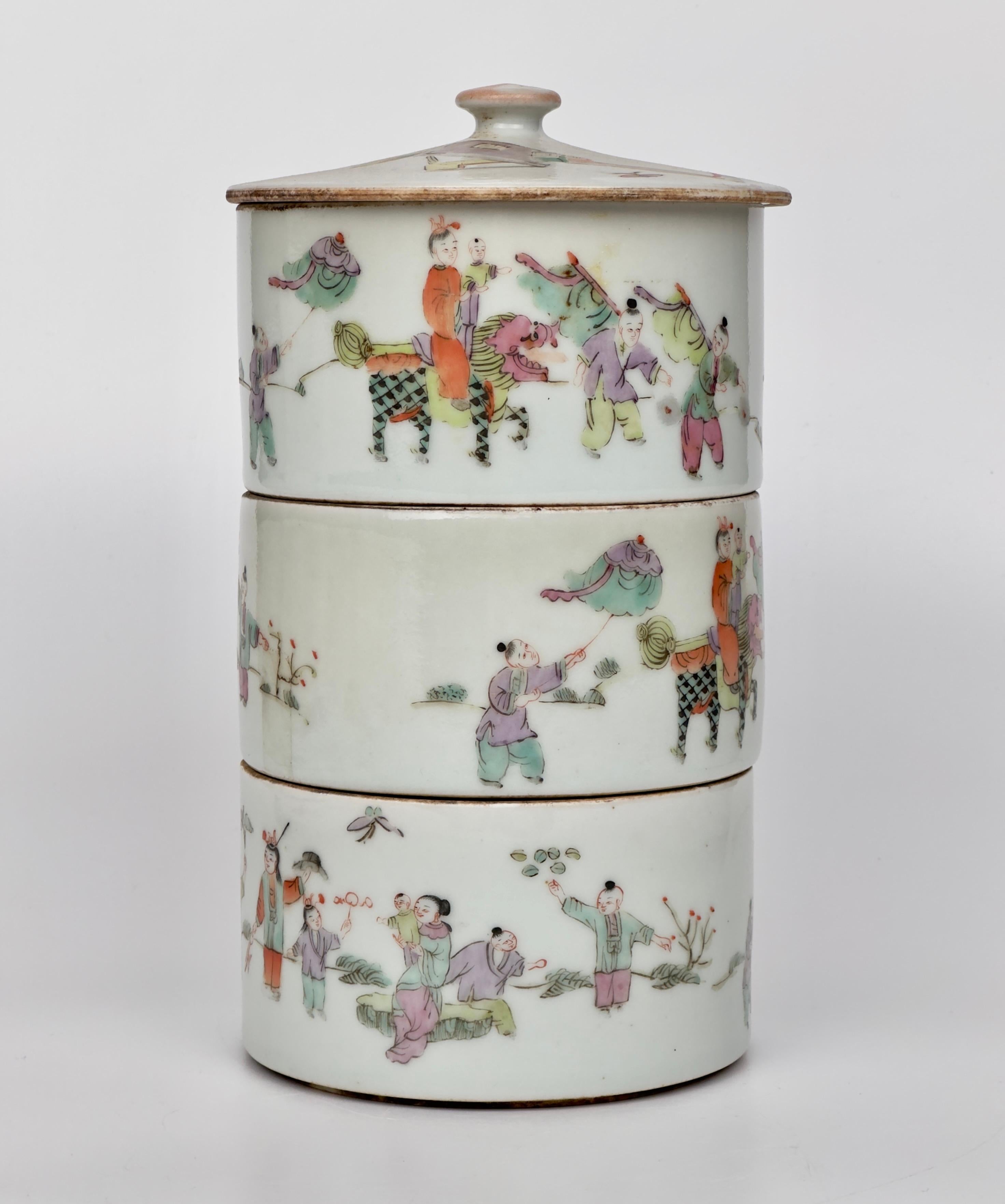 Chinese famille rose porcelain round stacking box, in four compartments with lid, the exterior decorated with scenes of figures in landscape. Probably from Tongzhi Period.

Period: Qing Dynasty
Type: Jar
Medium: Famille rose, enamel


* Famille