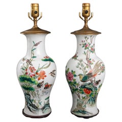 Chinese Famille Rose Porcelain Vase Lamps, Pair