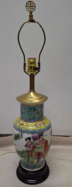 Chinese Famille Rose Porcelain Vase with Ebonized Base Mounted as Lamp