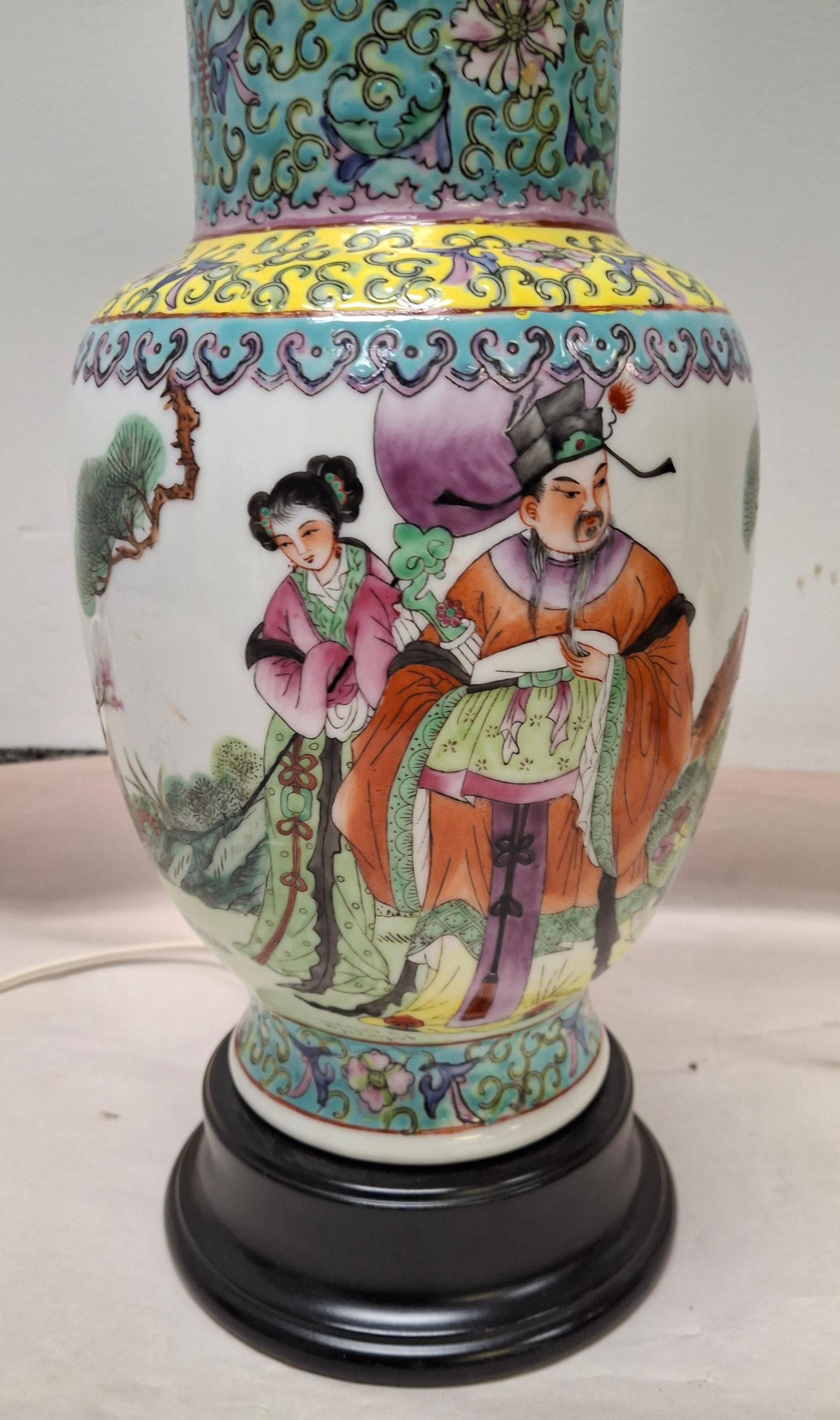 Chinese Export Chinese Famille Rose Porcelain Vase with Ebonized Base Mounted as Lamp For Sale