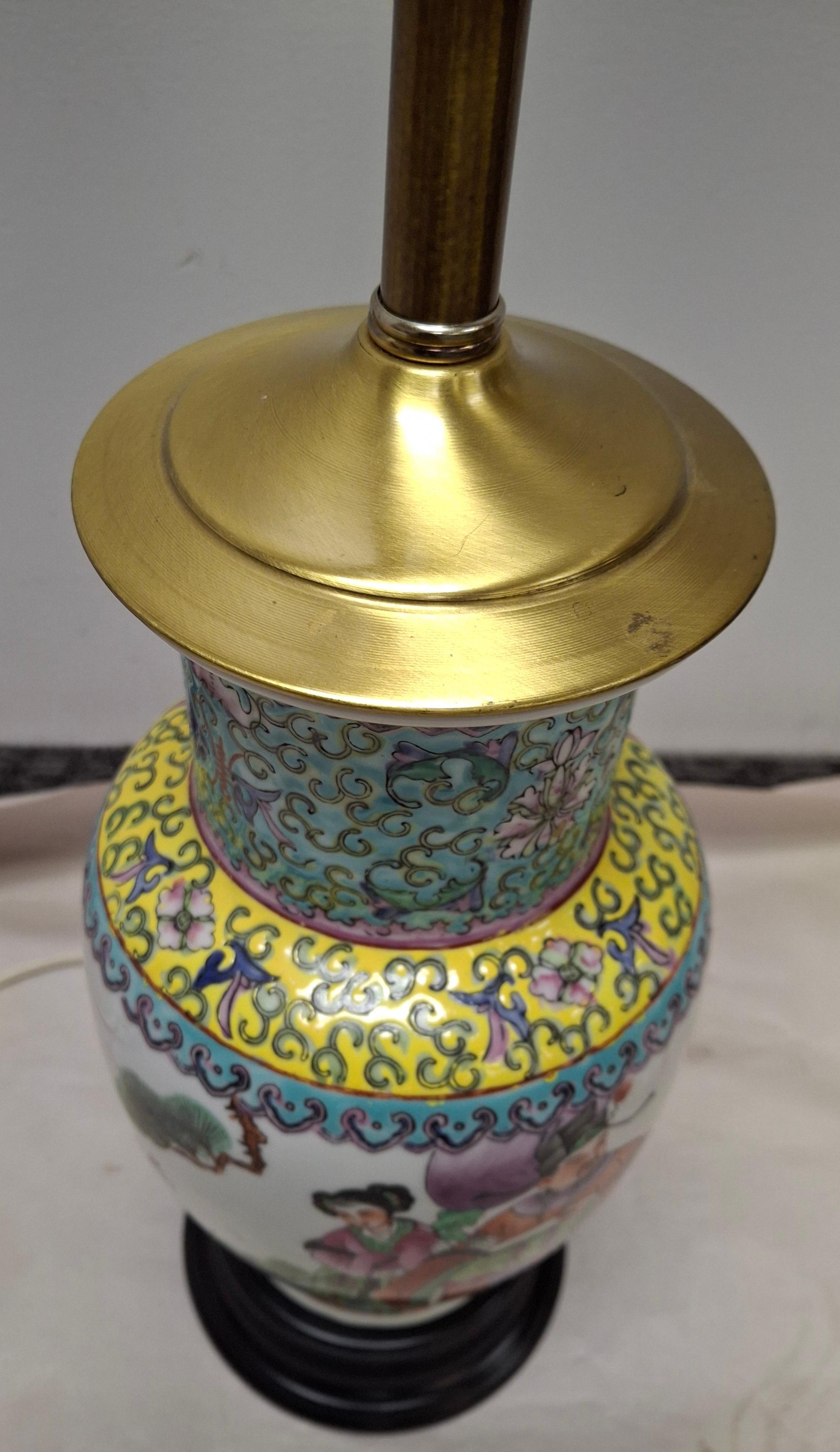 Enameled Chinese Famille Rose Porcelain Vase with Ebonized Base Mounted as Lamp For Sale