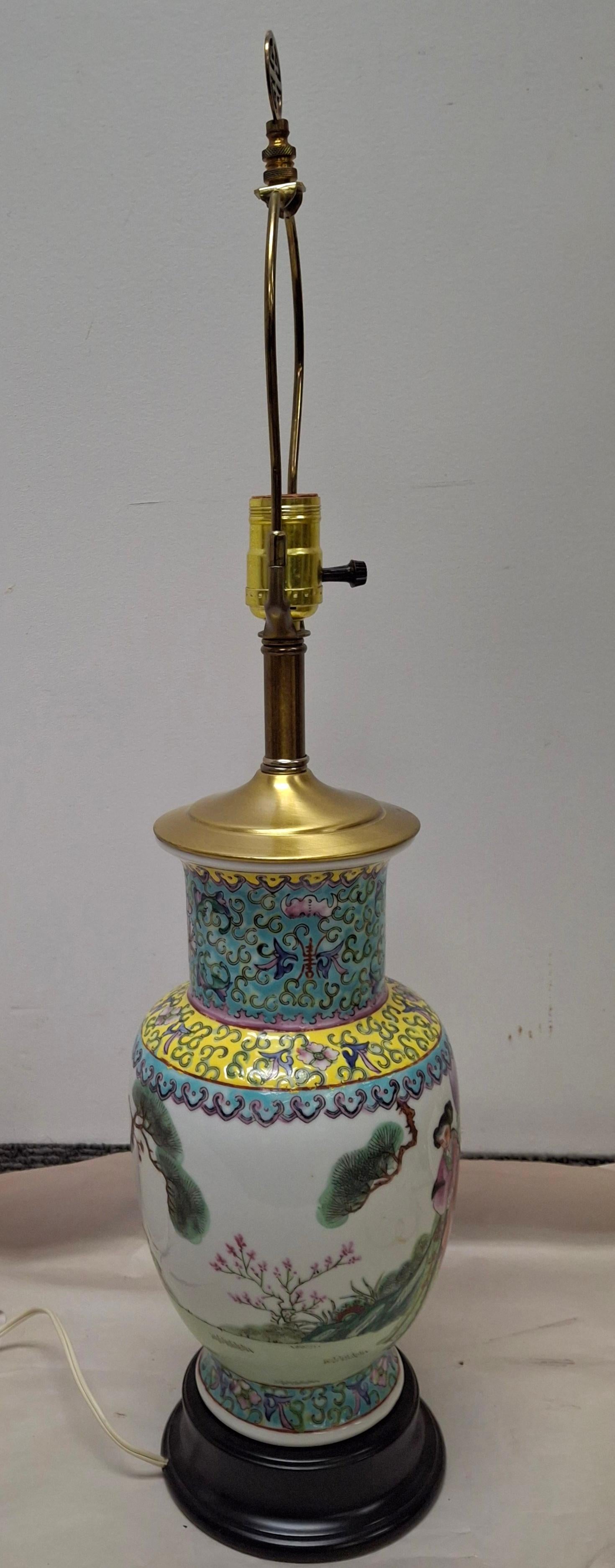 Brass Chinese Famille Rose Porcelain Vase with Ebonized Base Mounted as Lamp For Sale