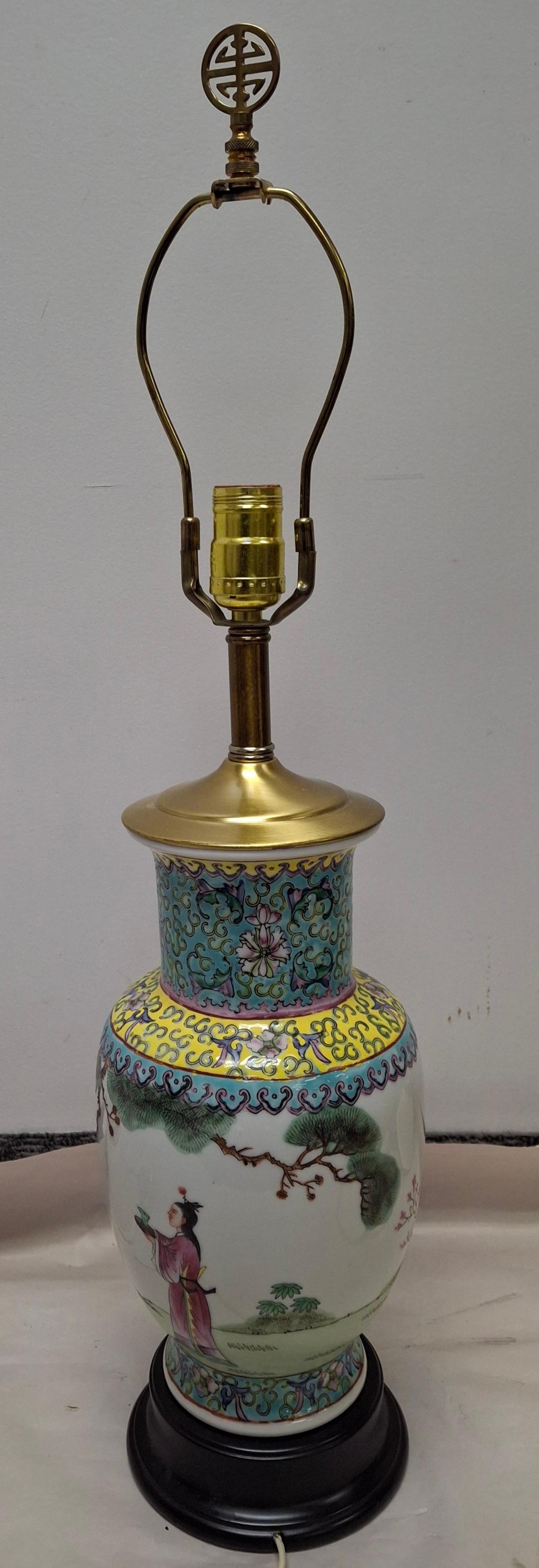 Chinese Famille Rose Porcelain Vase with Ebonized Base Mounted as Lamp For Sale 1