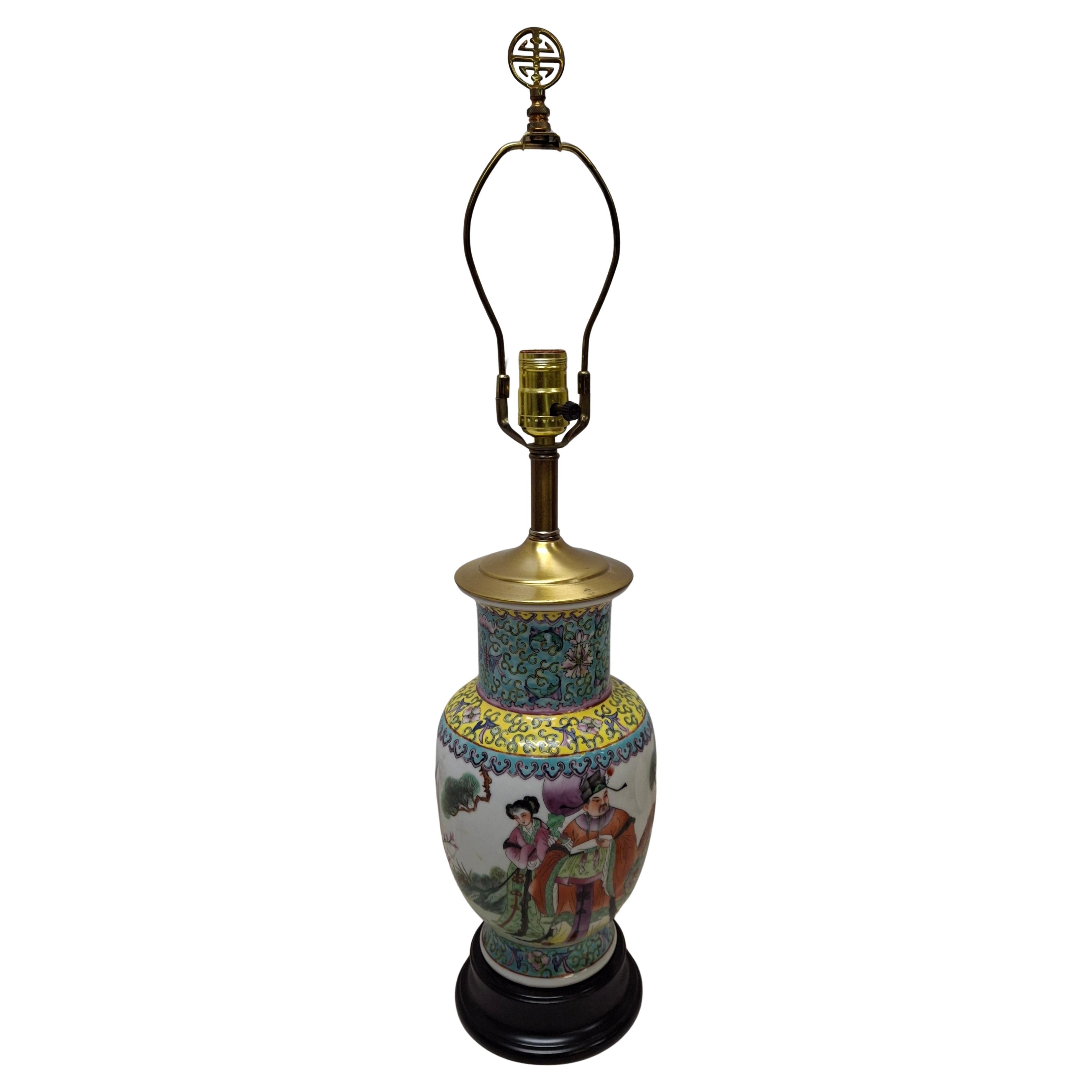 Chinese Famille Rose Porcelain Vase with Ebonized Base Mounted as Lamp For Sale