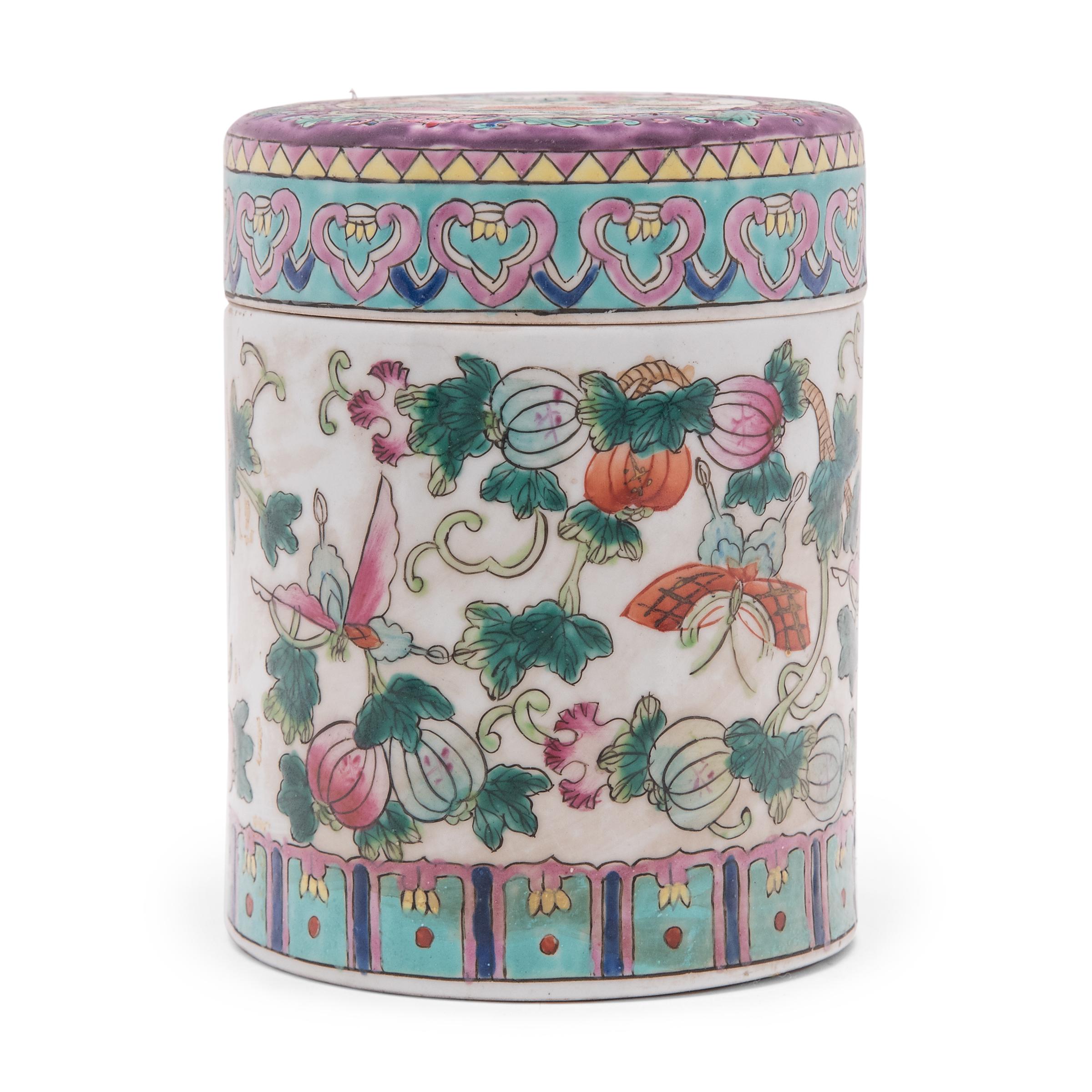 Used to store loose leaf tea, this porcelain jar is decorated in a style of overglaze enameling known as 