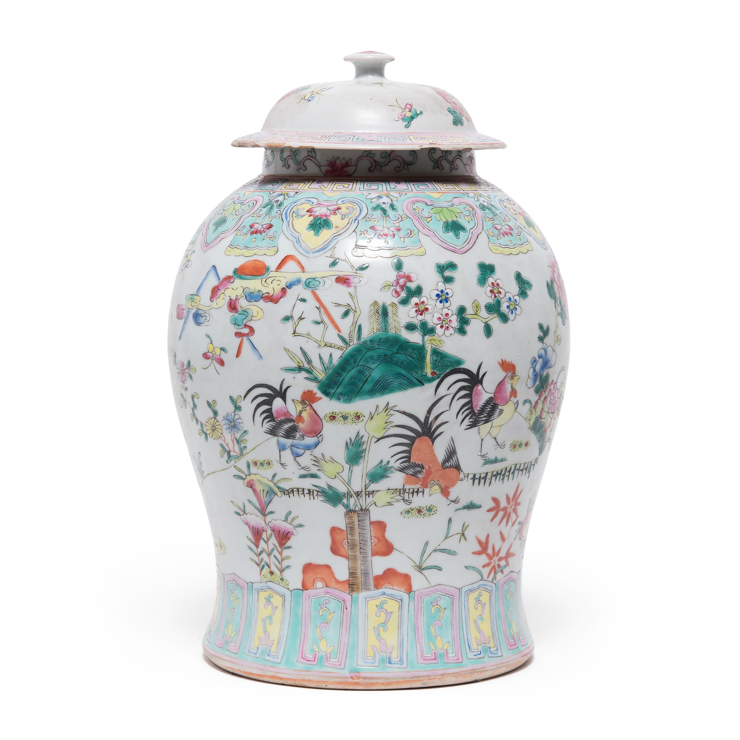 Chinese Export Chinese Famille Rose Rooster Baluster Jar, c. 1900