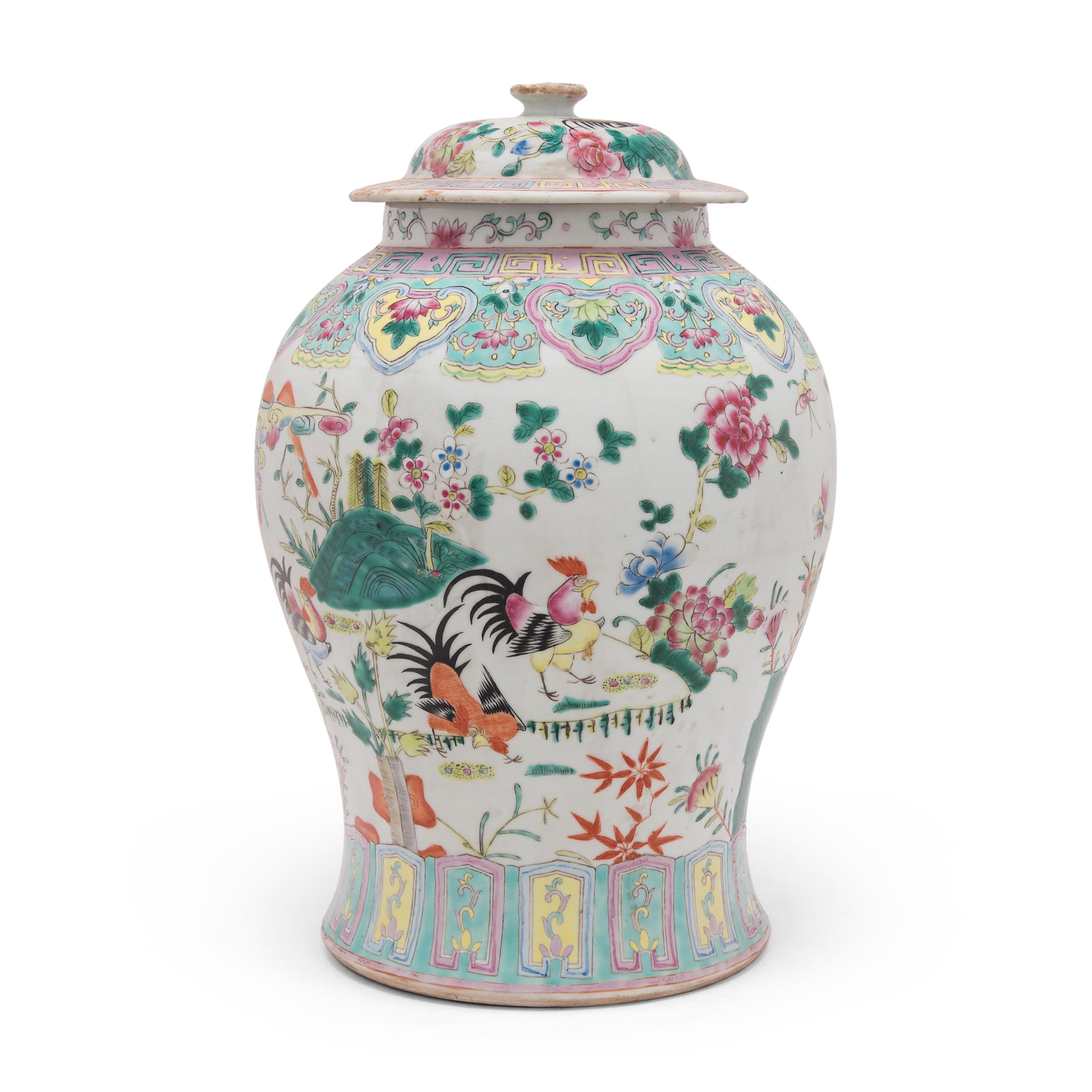 Chinese Export Chinese Famille Rose Rooster Baluster Jar, c. 1900