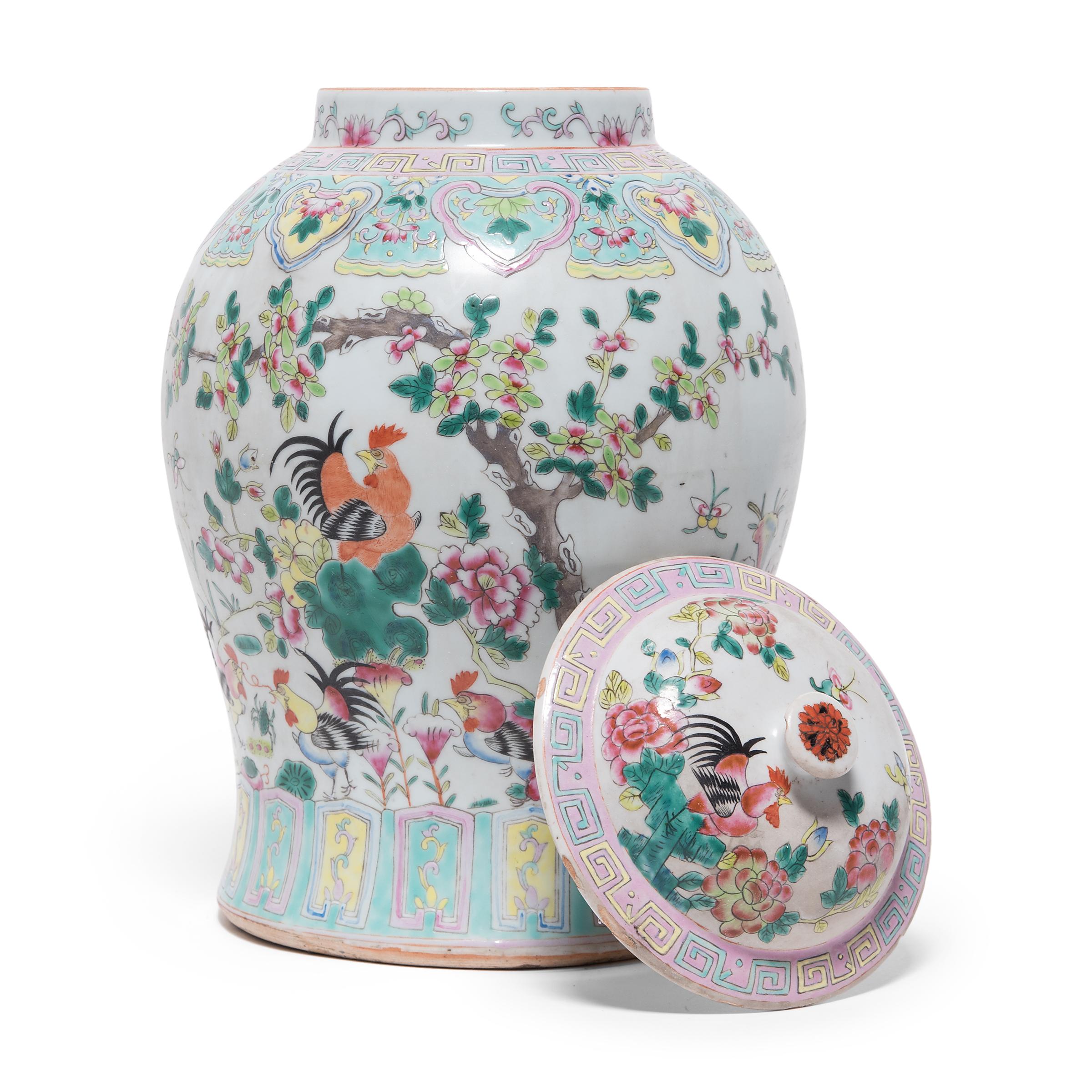Enameled Chinese Famille Rose Rooster Baluster Jar, c. 1900
