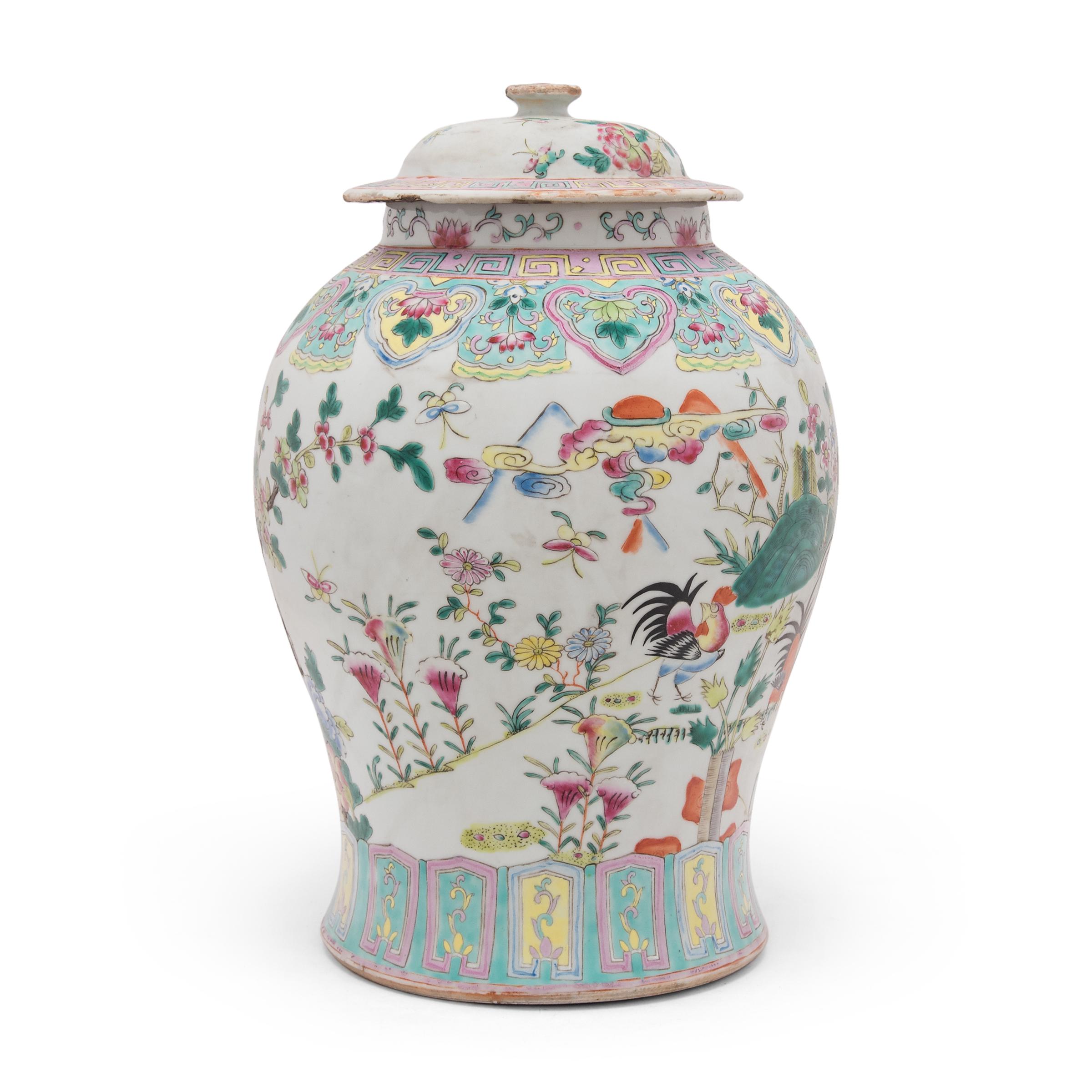 Enameled Chinese Famille Rose Rooster Baluster Jar, c. 1900