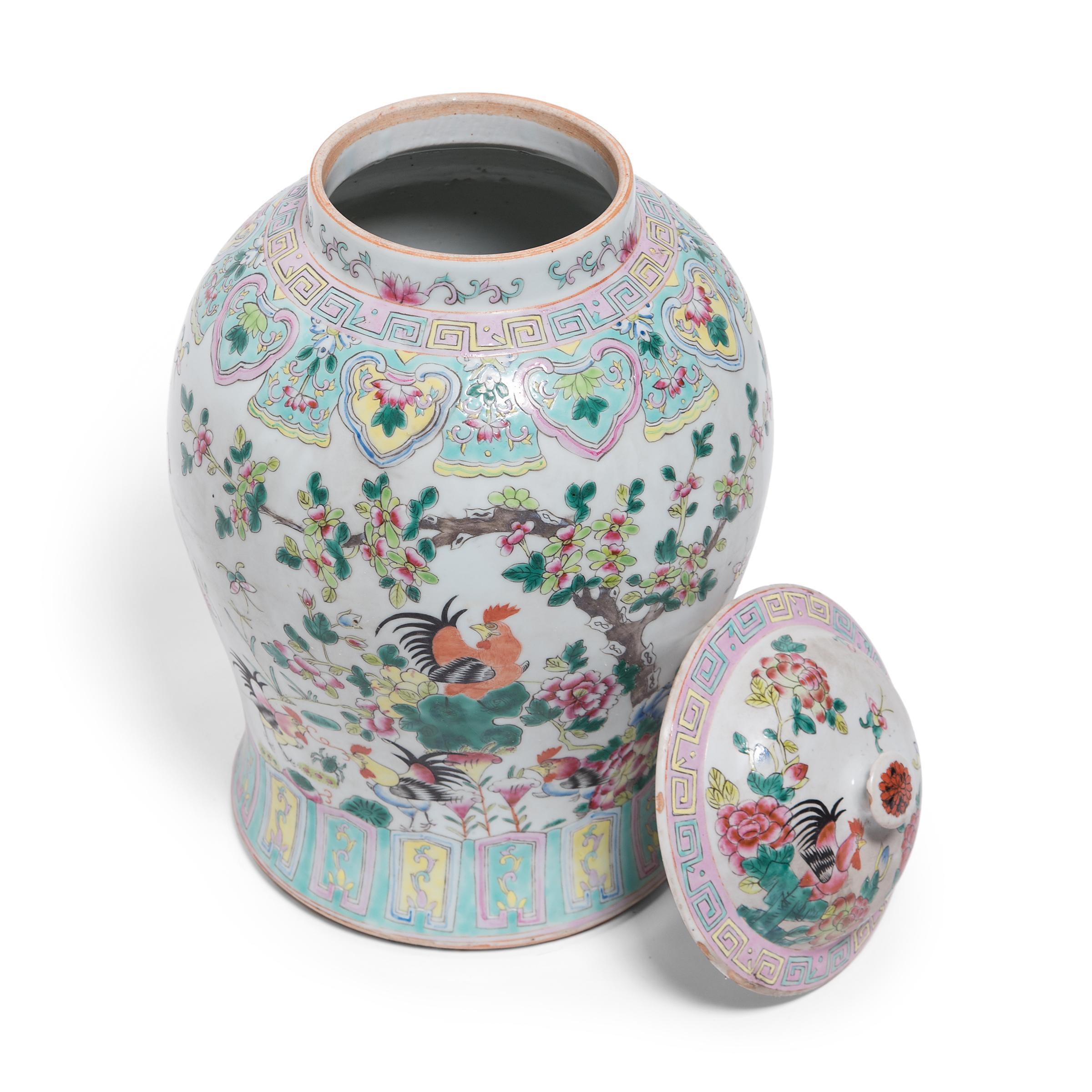 Chinese Famille Rose Rooster Baluster Jar, c. 1900 In Good Condition In Chicago, IL