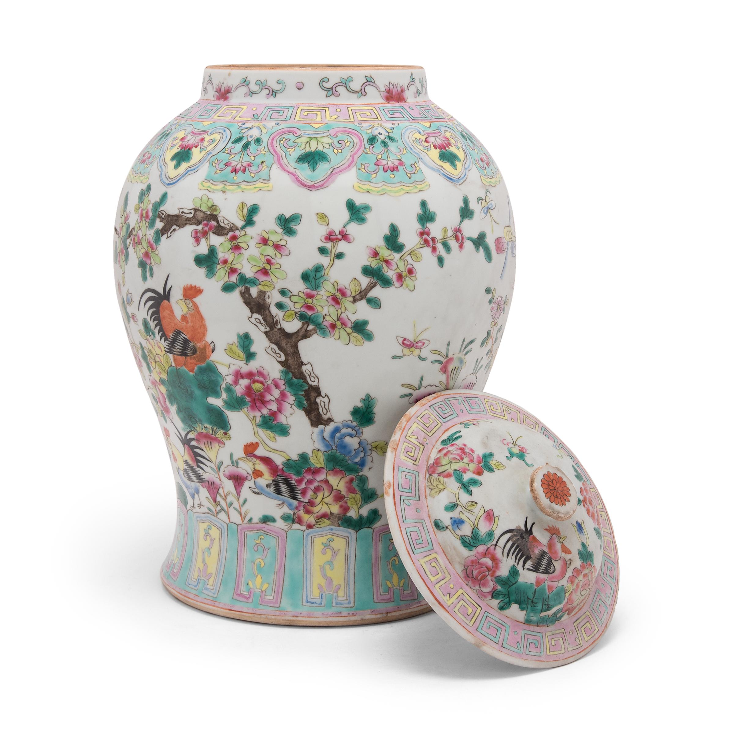 Chinese Famille Rose Rooster Baluster Jar, c. 1900 In Good Condition In Chicago, IL