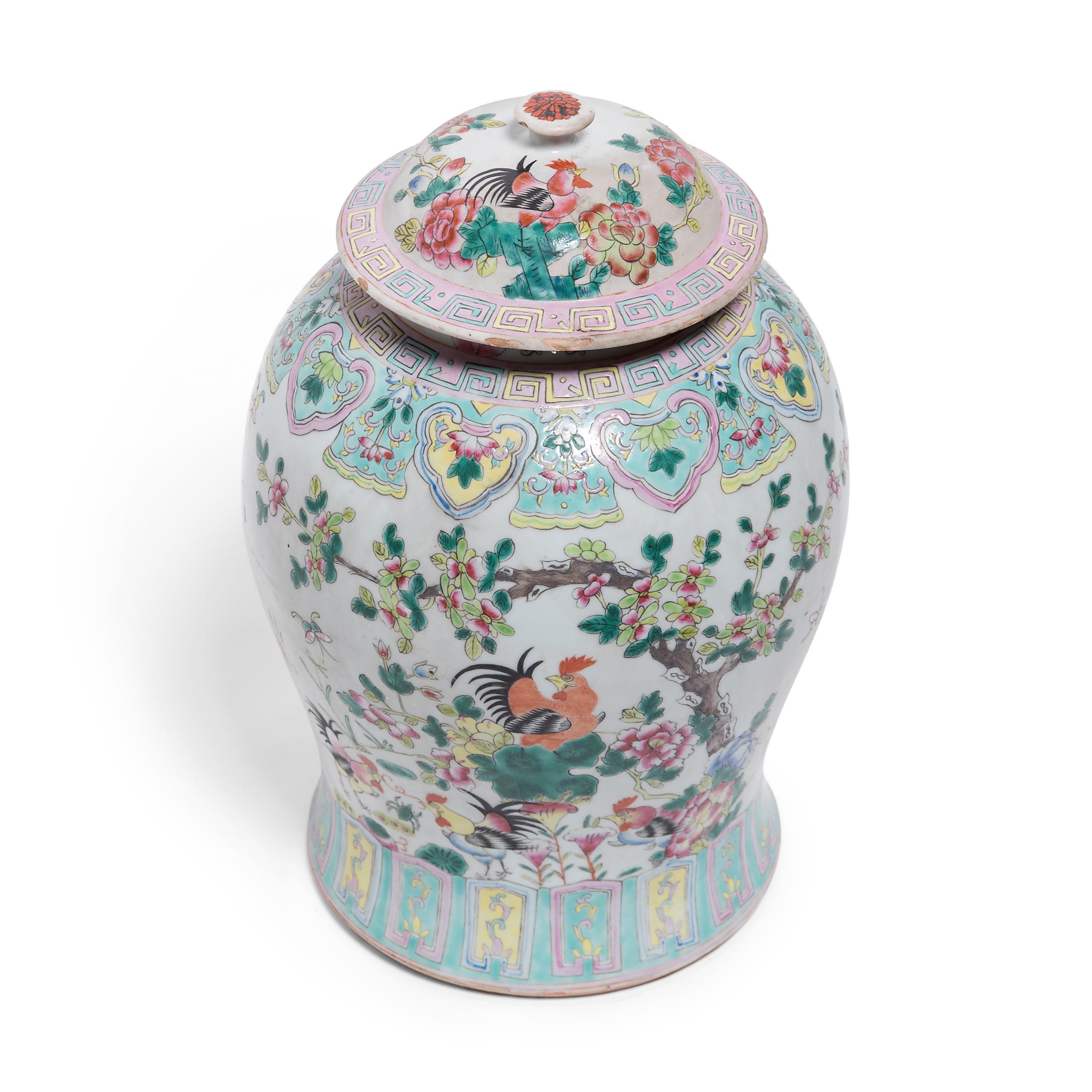 20th Century Chinese Famille Rose Rooster Baluster Jar, c. 1900