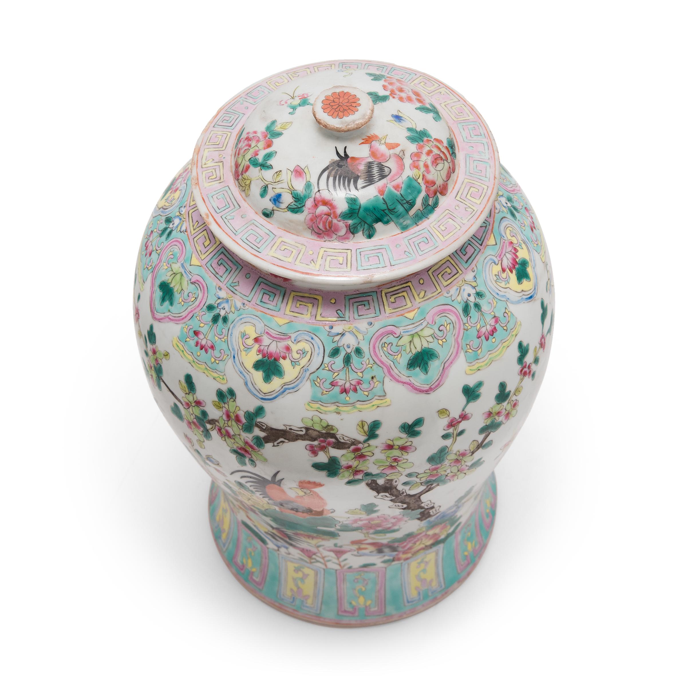 Porcelain Chinese Famille Rose Rooster Baluster Jar, c. 1900